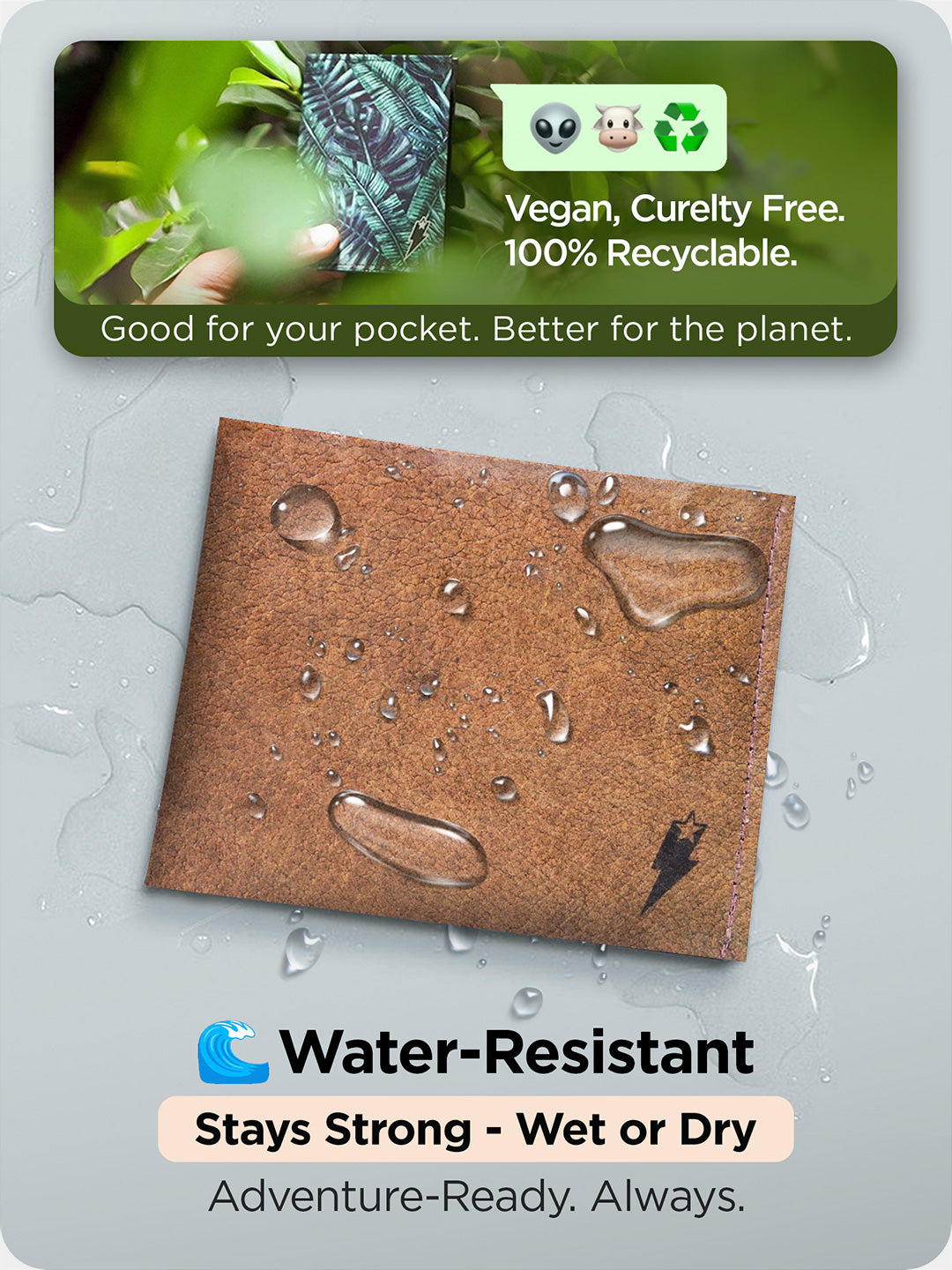 Supervek "If You Insist" print Tyvek wallet shown wet with water droplets, highlighting waterproof, vegan, and recyclable durability