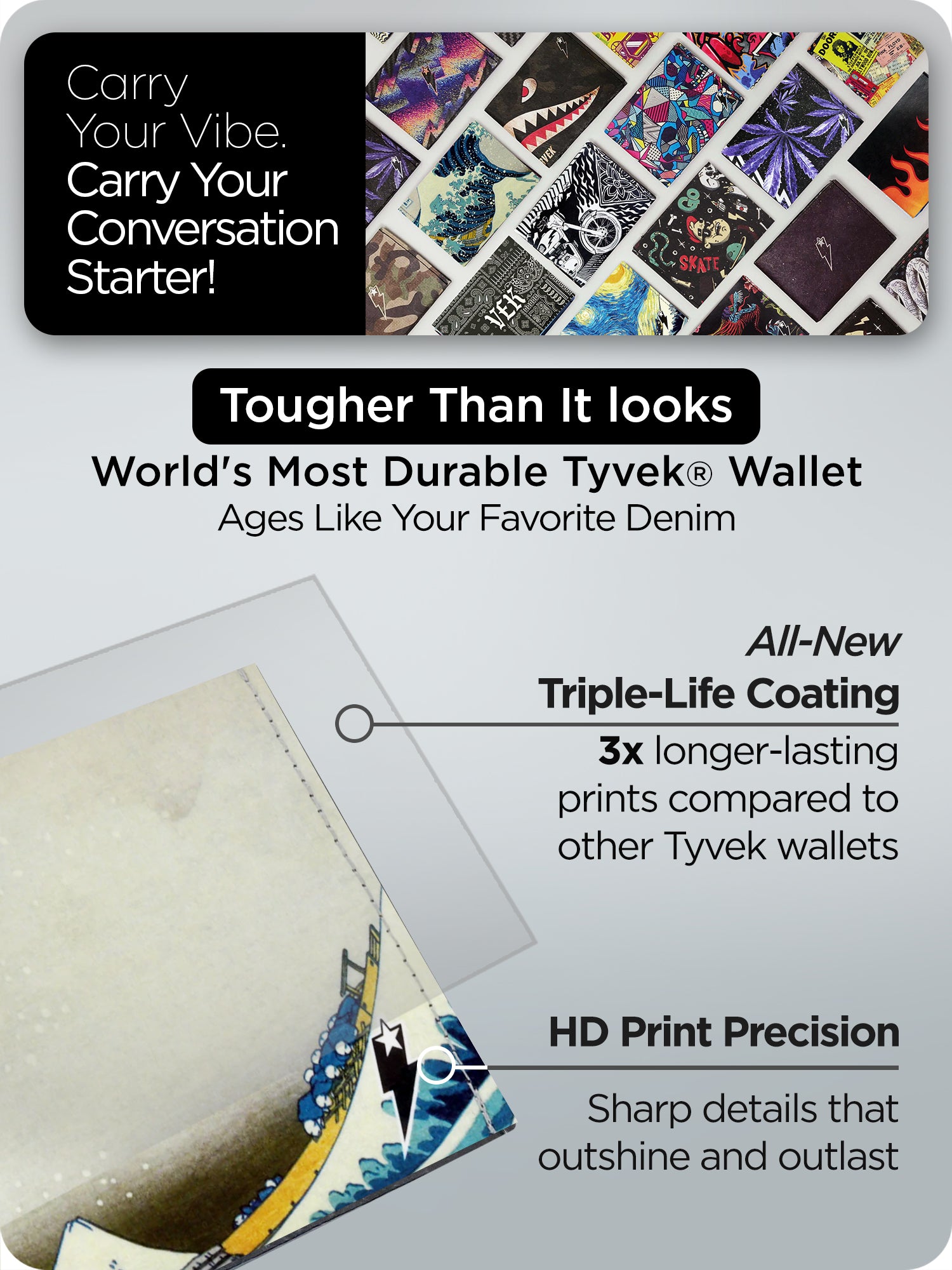 Detailed close-up of Supervek "Great Wave" wallet with triple-coating for durability and sharp HD printing