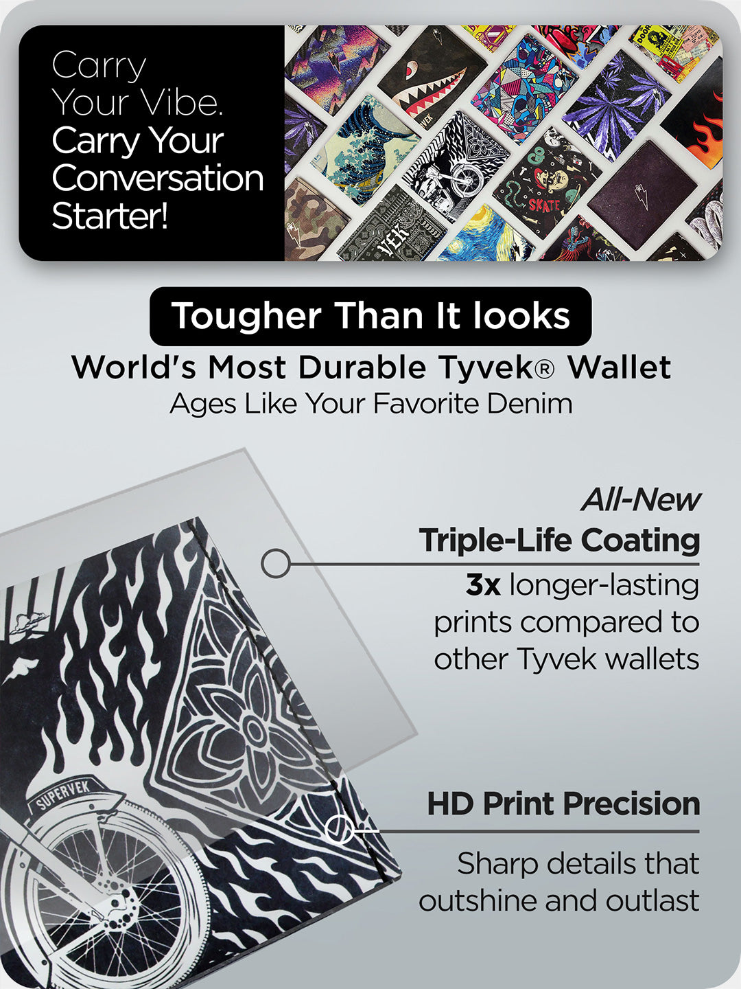 Close-up of Supervek "Royal Blaze" Tyvek wallet, black slim billfold with triple-life coating and high-definition print detailing