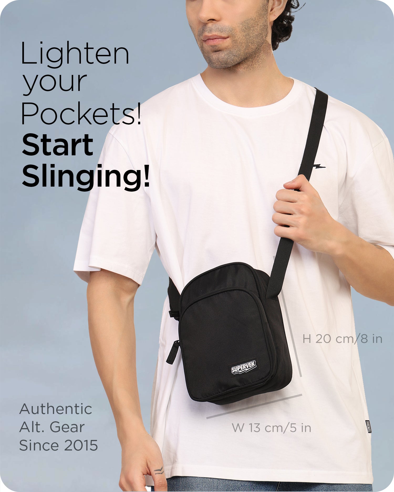 Supervek "Sling" bag crossbody, 20cm height x 13cm width, lightweight travel gear and premium Sling bag for men & women Classic Black #color_Classic Black