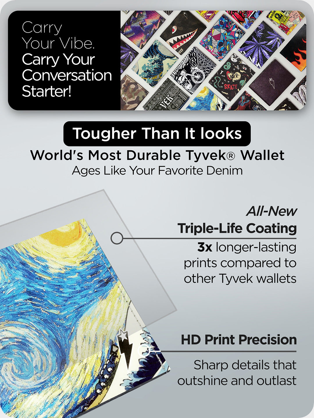 Supervek "Starry Wave" Tyvek wallet with triple-life coating and HD print precision on artwork