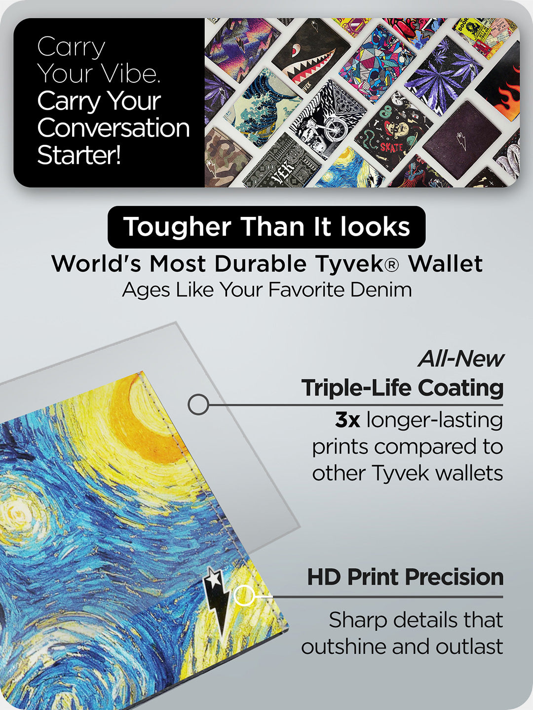 Supervek "Starry Night" Tyvek wallet, durable slim vegan wallet with HD print and triple-life coating