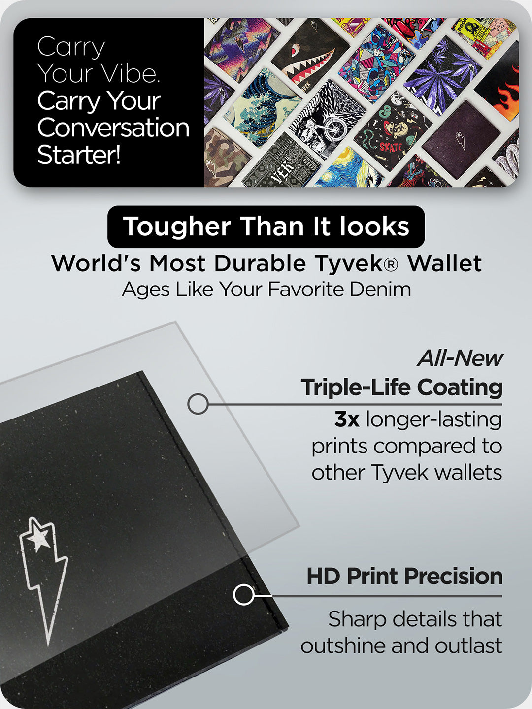 Supervek "Space Out" ultra durable Tyvek wallet with triple-life coating and HD print precision, featuring black starry design