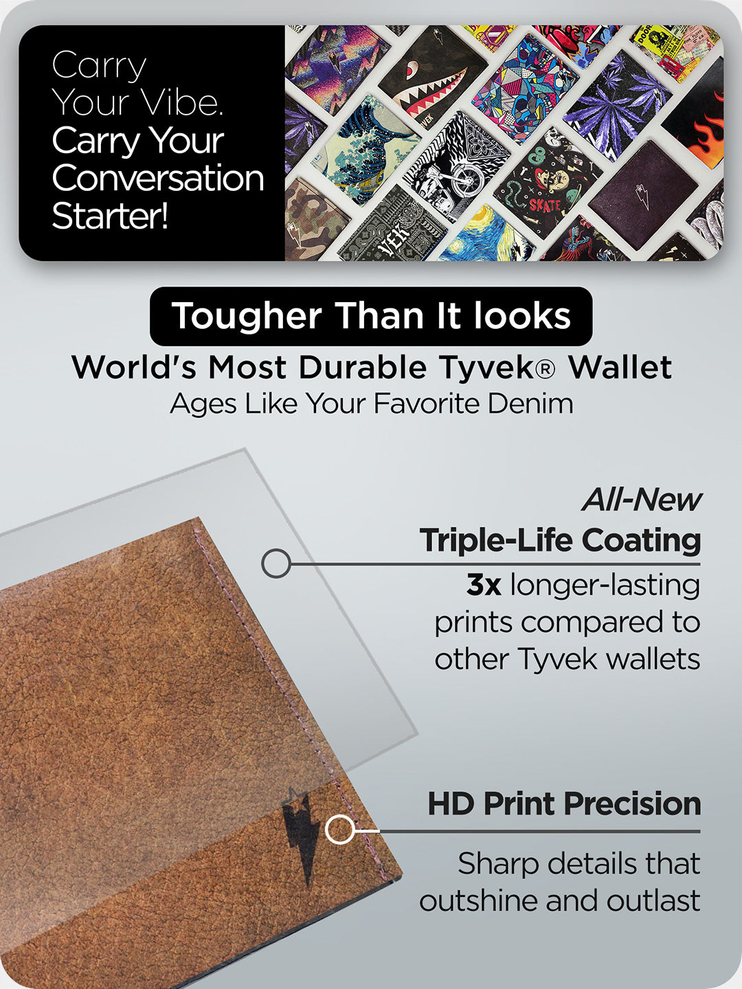 Close-up of Supervek "If You Insist" wallet with triple-life coating for long-lasting HD prints, laid out alongside colorful Tyvek designs