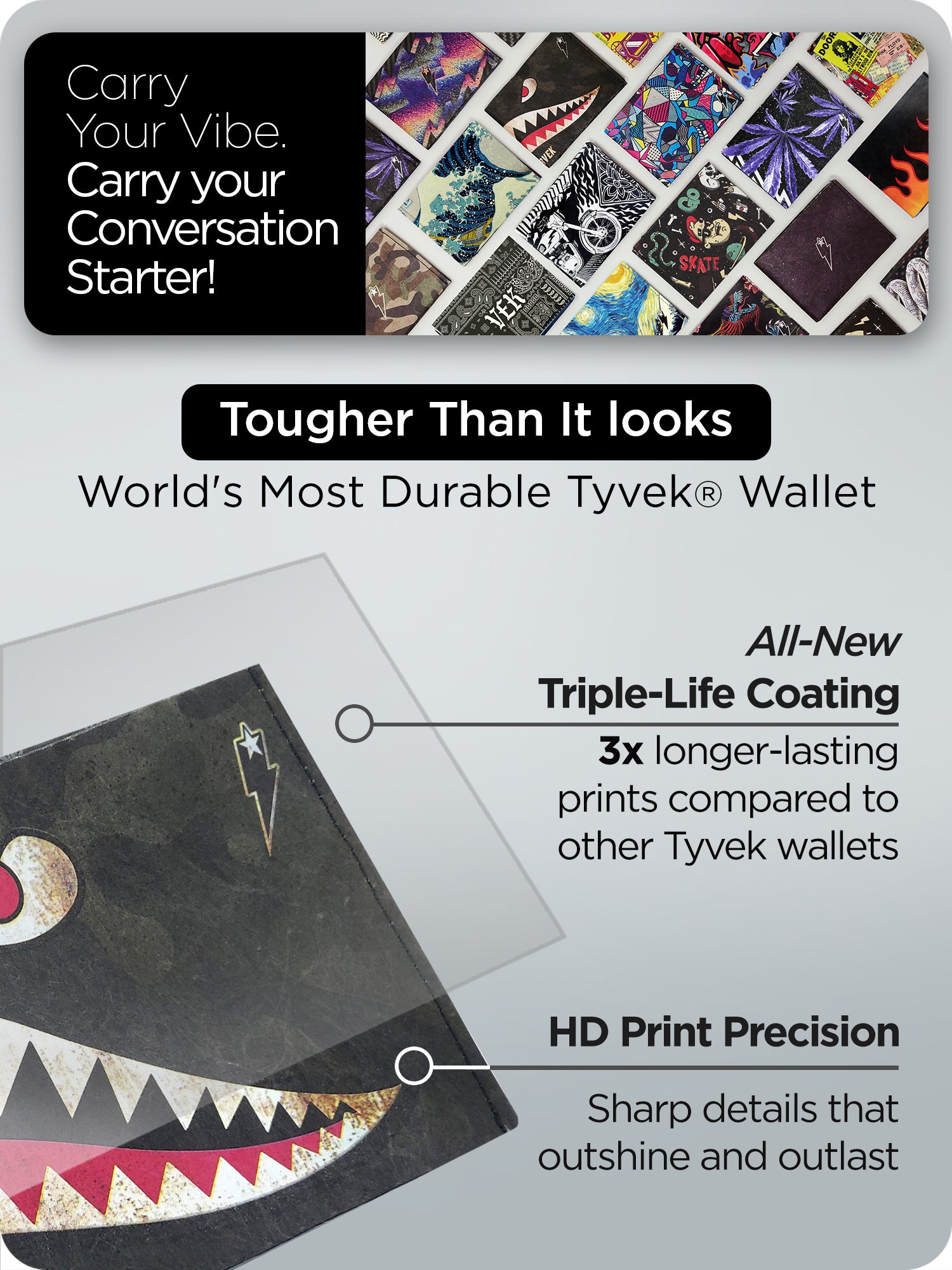 "SuperShark" Tyvek wallet with Flying Tigers design shown with HD print and triple-life coating for long-lasting use