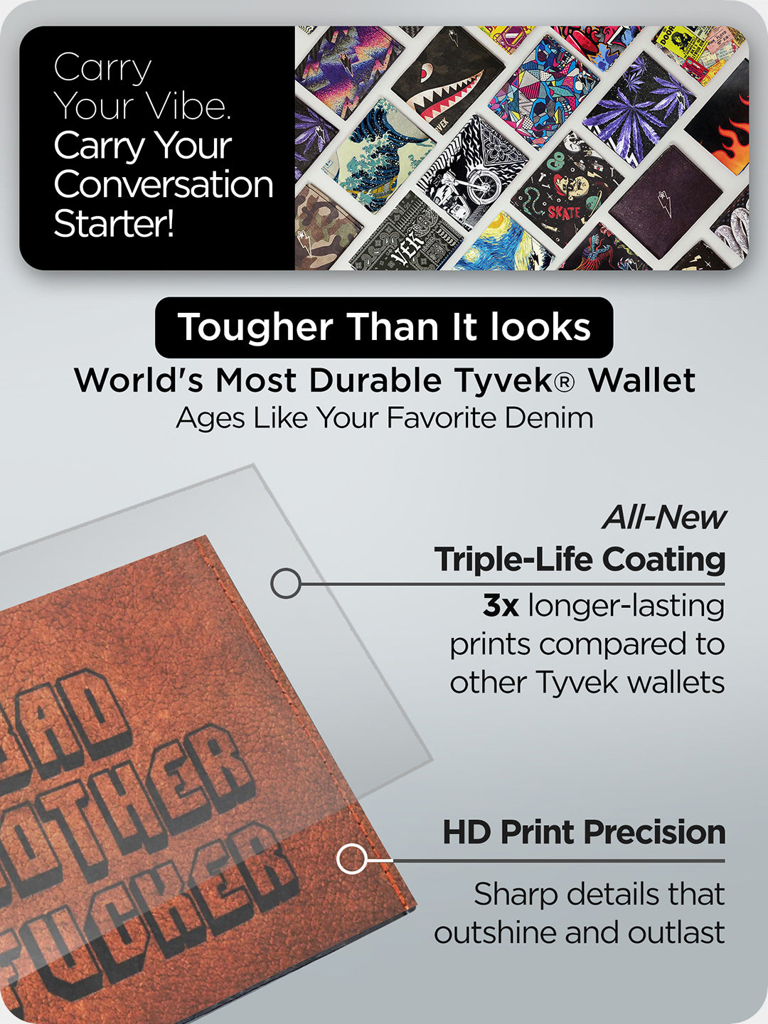Close-up of Supervek "Bad Mofo" wallet with triple-life coating for long-lasting HD prints, laid out alongside colorful Tyvek designs