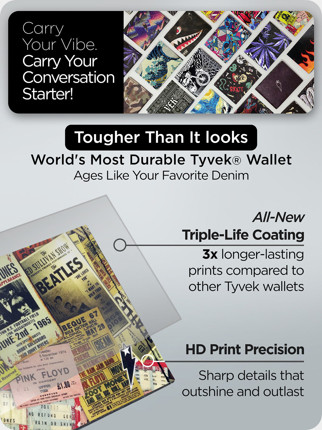 Close-up of Supervek "Rock & Old" wallet showing retro music ticket design, triple-life Tyvek coating and HD print quality