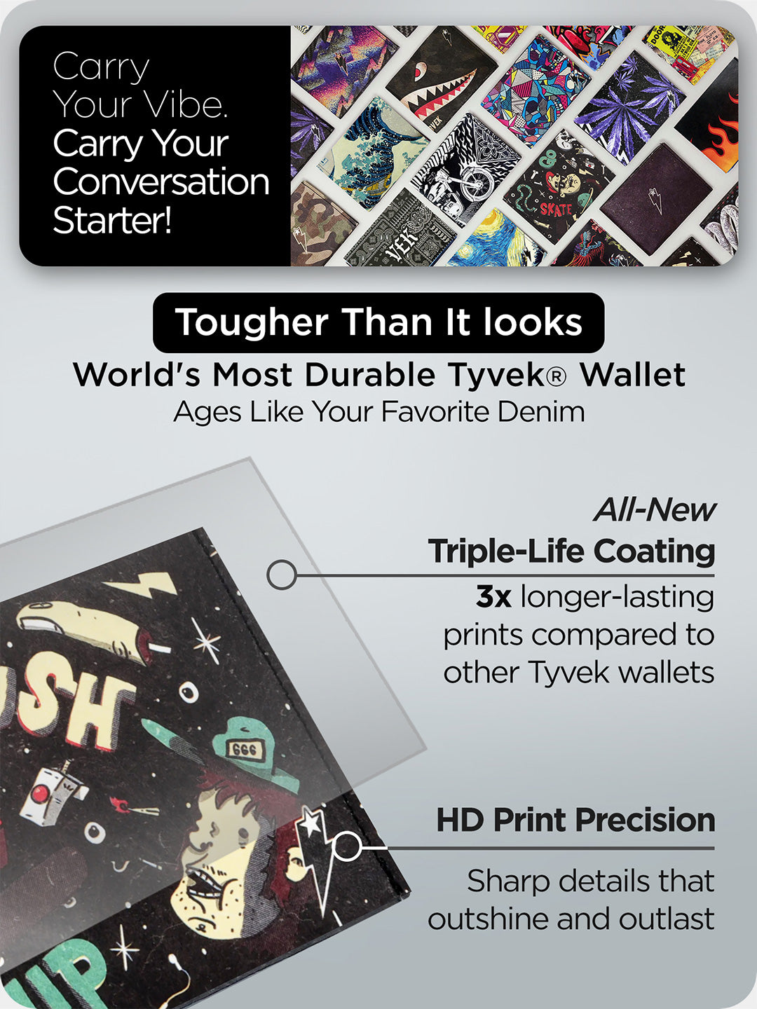 Supervek "Skatelife" Tyvek wallet with triple-life coating and HD print precision for long-lasting durability