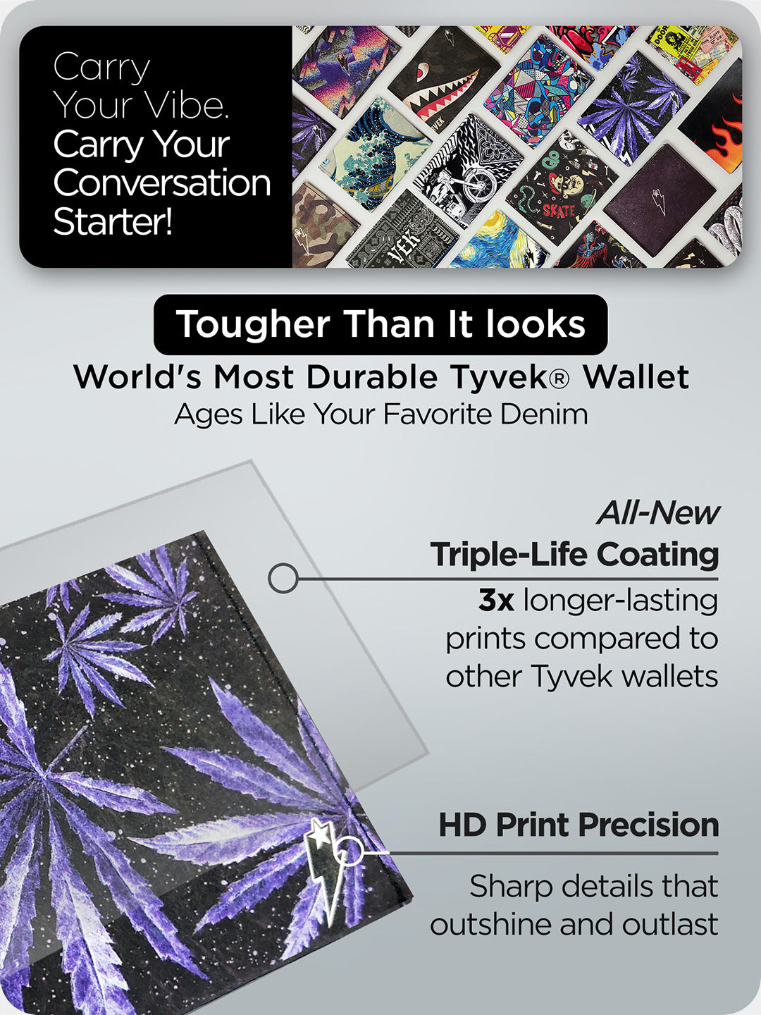 Supervek "Herbivore" Tyvek wallet with HD print and triple-layer coating, durable and long-lasting