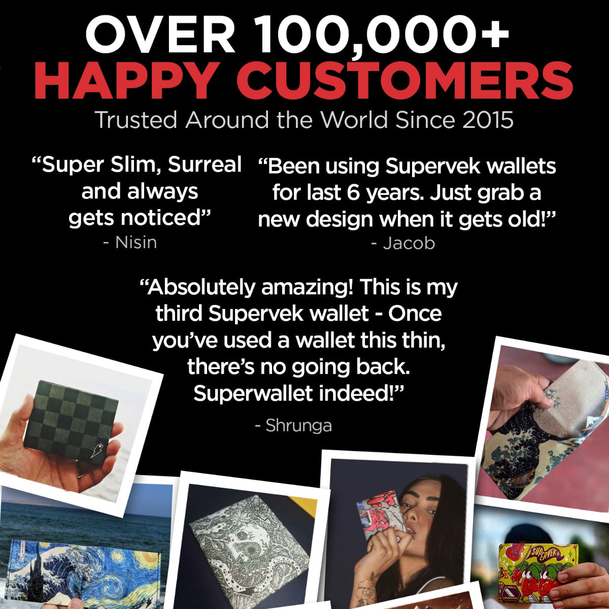 Happy Supervek customers holding various "SuperShark" wallet designs, showcasing unique prints and global satisfaction