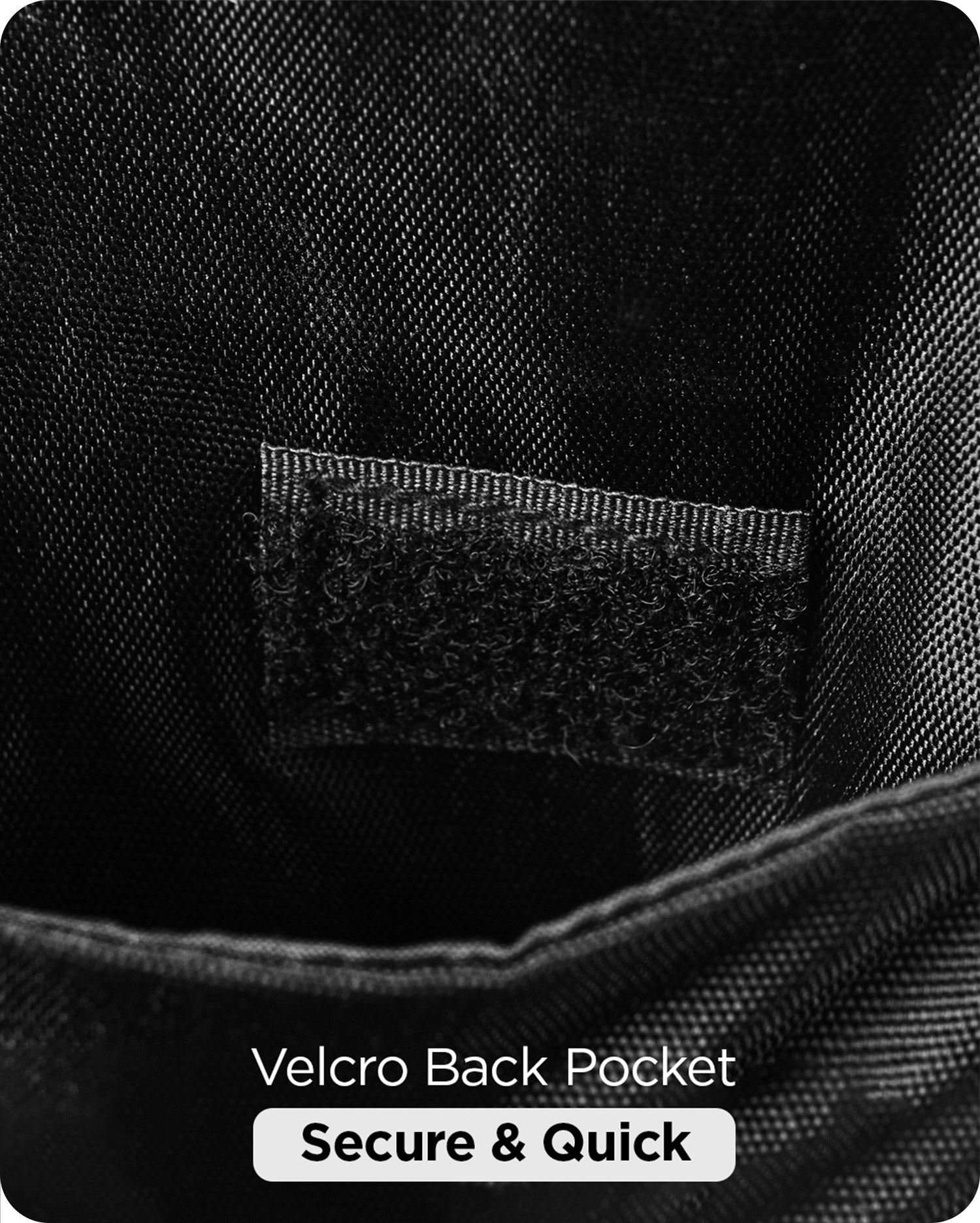 Close-up of Velcro back pocket on Supervek "Sling" bag, secure and quick access compartment and Sling bag for men & women Classic Black #color_Classic Black
