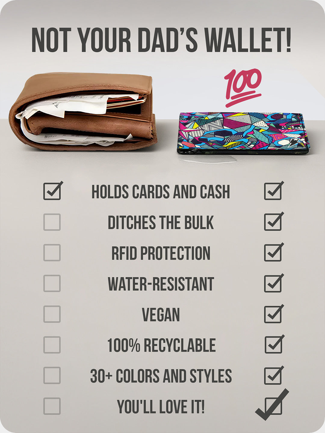Side-by-side of bulky leather wallet vs slim Supervek "Alter Ego" Tyvek wallet, showcasing minimalist, water-resistant, RFID-blocking features