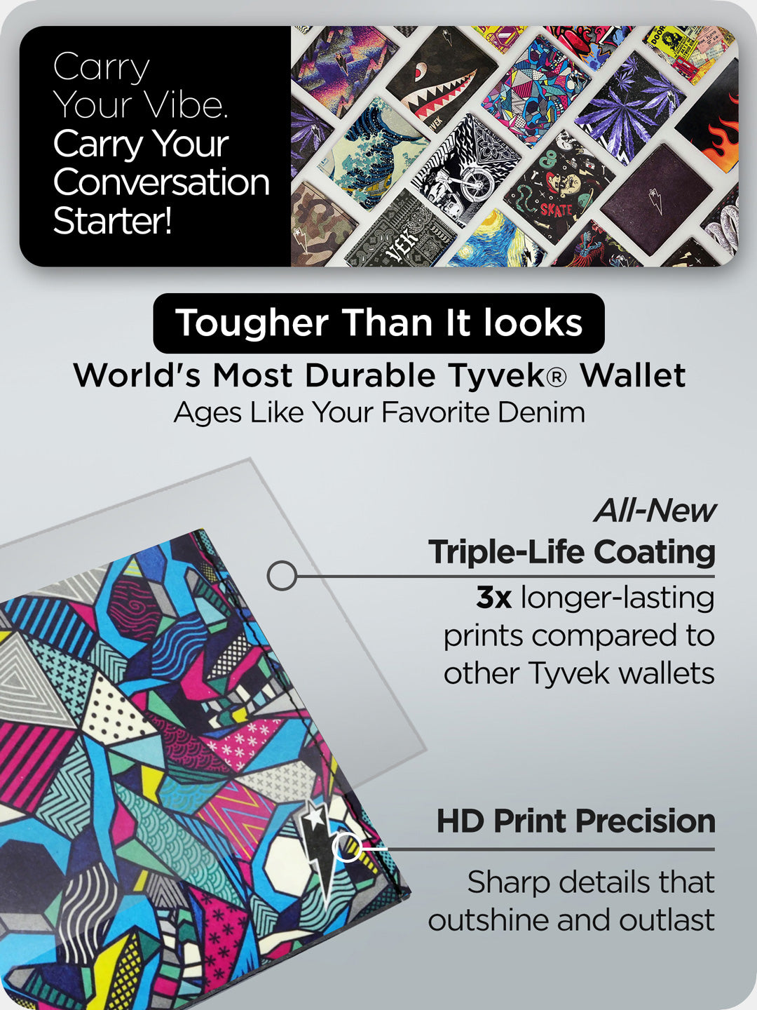 Supervek "Alter Ego" Tyvek wallet with HD printed abstract pattern, RFID slim billfold, triple-coated