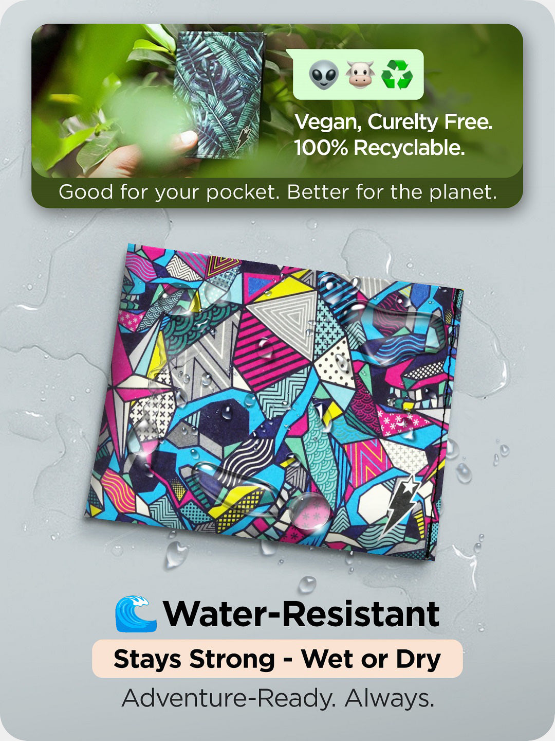 Supervek "Alter Ego" water-resistant Tyvek wallet with vibrant geometric design, slim vegan billfold