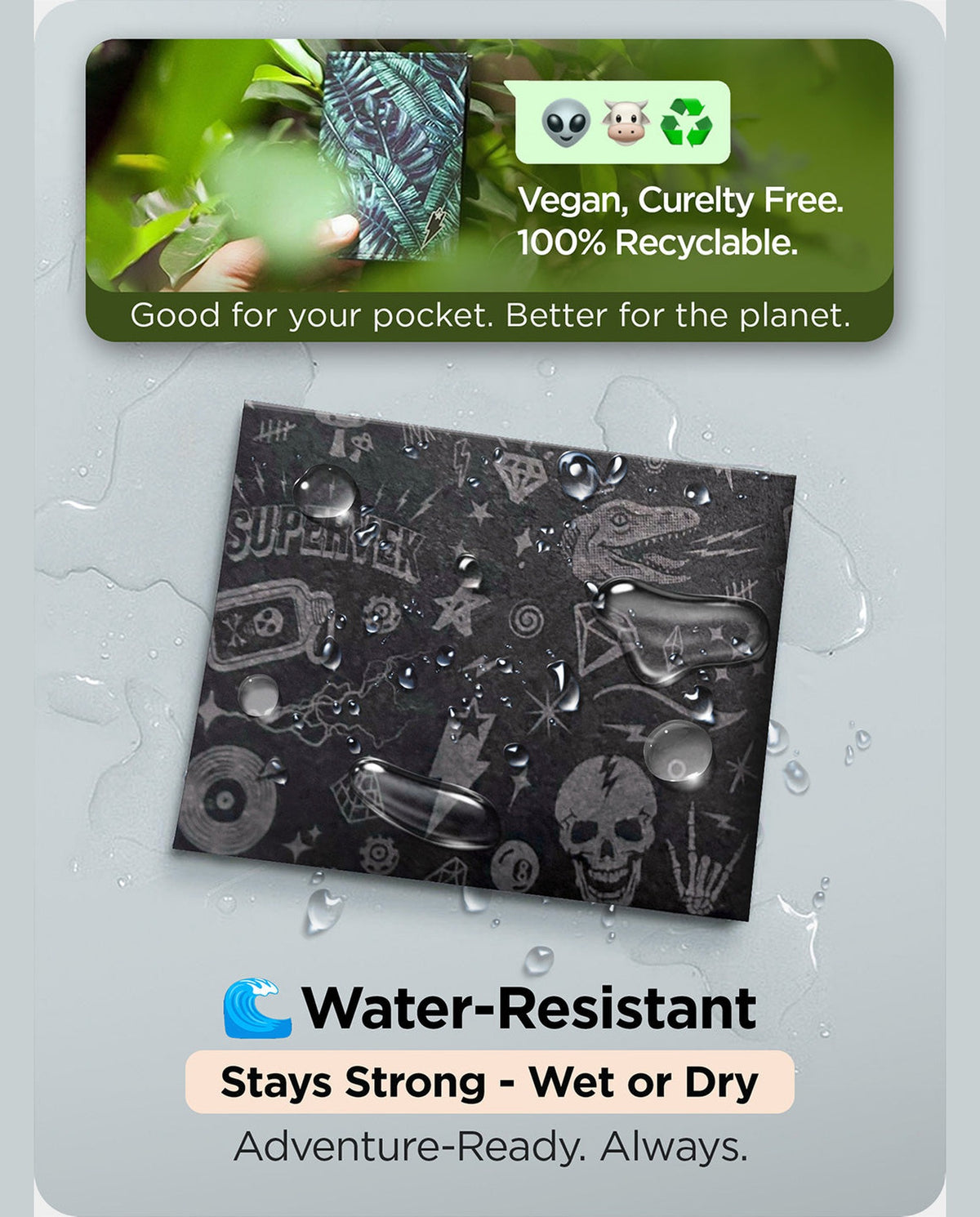 Supervek Tyvek wallet with "OG Culture" print covered in water droplets, showcasing waterproof durability