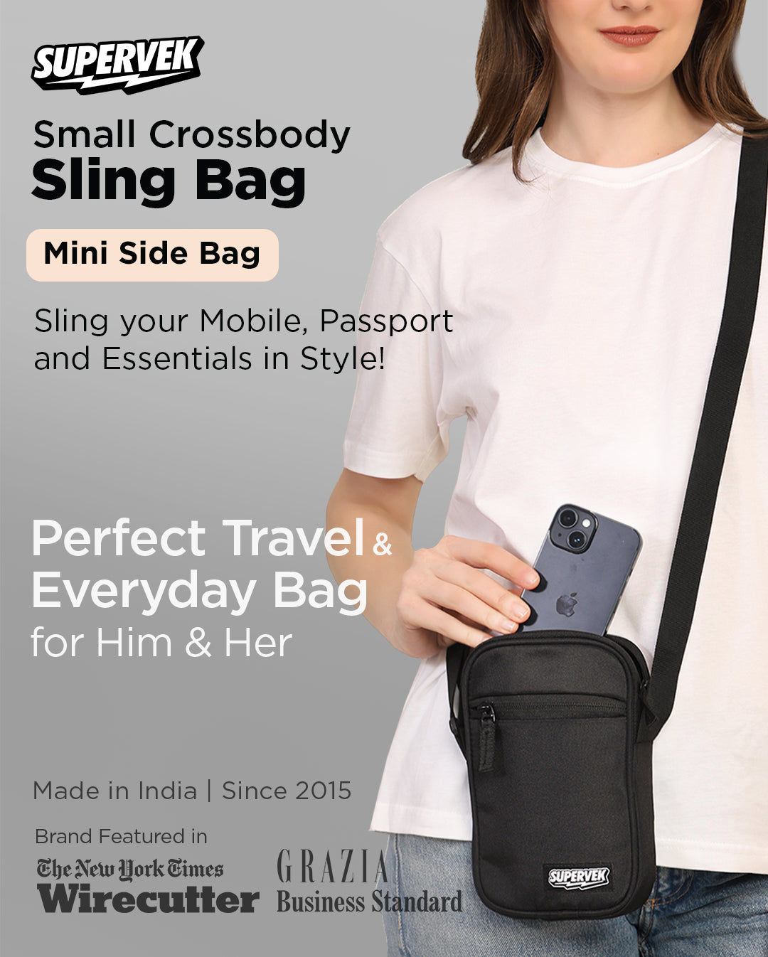 Supervek "Mini" Side Bag for travel and daily essentials, black crossbody with front zipper, logo patch and unisex Sling bag for men & women India Classic Black #color_Classic Black