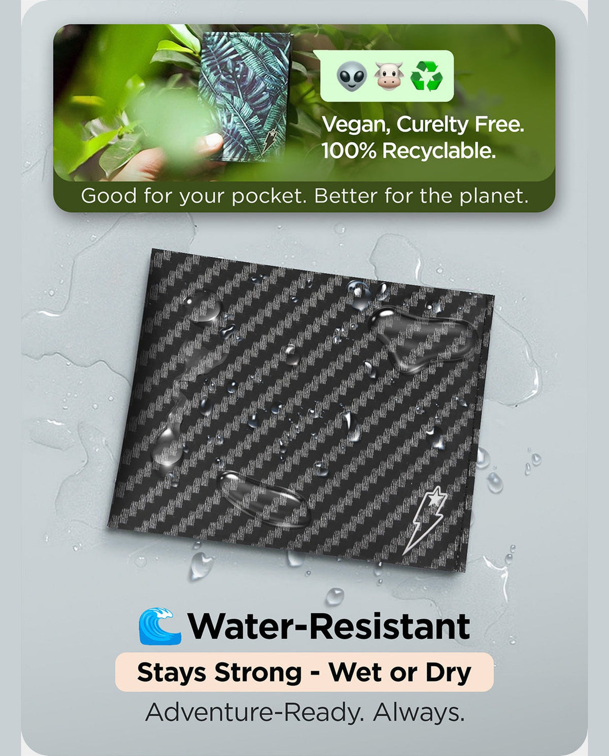 Supervek "Carbon Wave" wallet with water droplets showing water-resistant surface, built for all weather