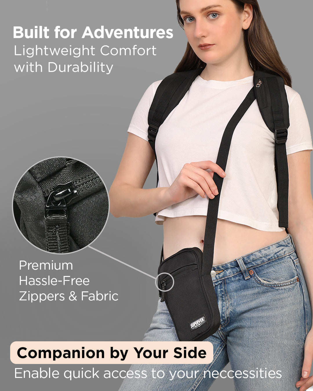 Supervek "Mini" Sling Bag with hassle-free zippers, worn crossbody with backpack for travel comfort and myntra amazon Sling bag for men & women Classic Black #color_Classic Black