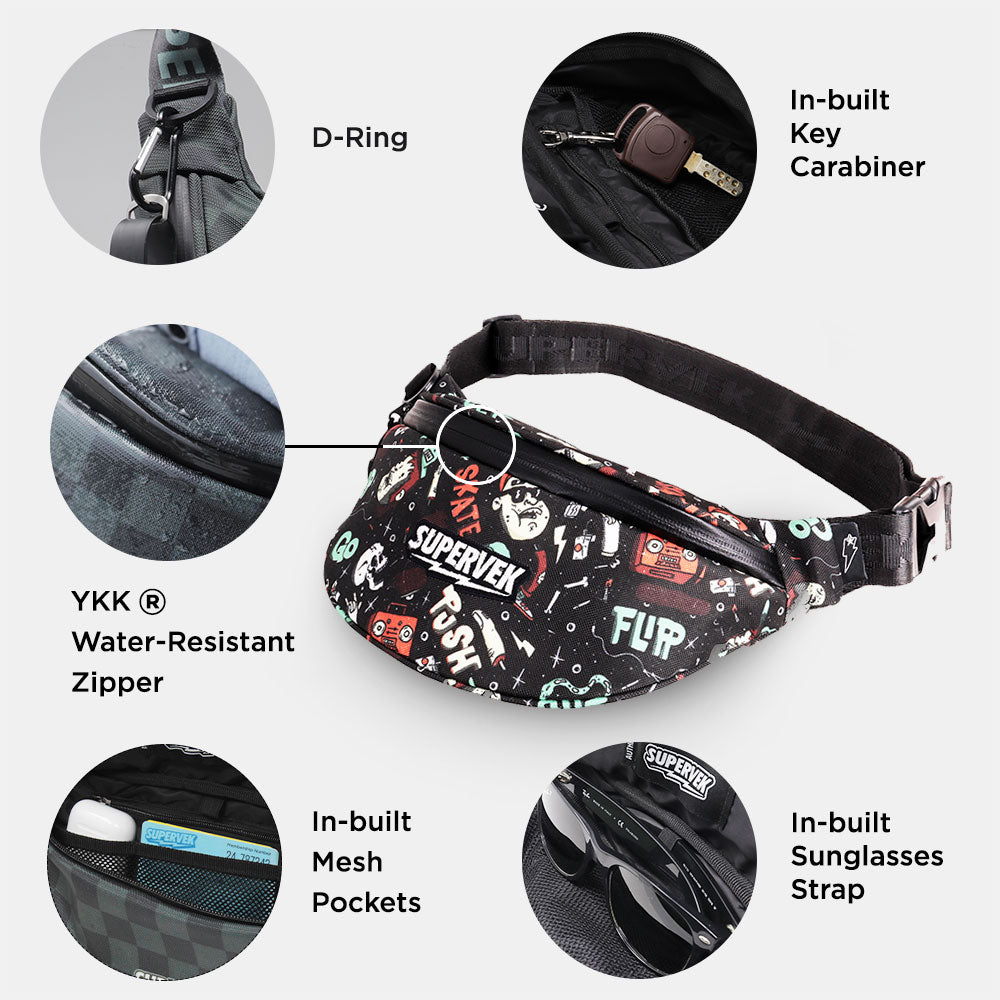Supervek Crossbody Slinger - Skatelife - Urban Functional Fanny Hip Bag for Everyday Essentials - Features