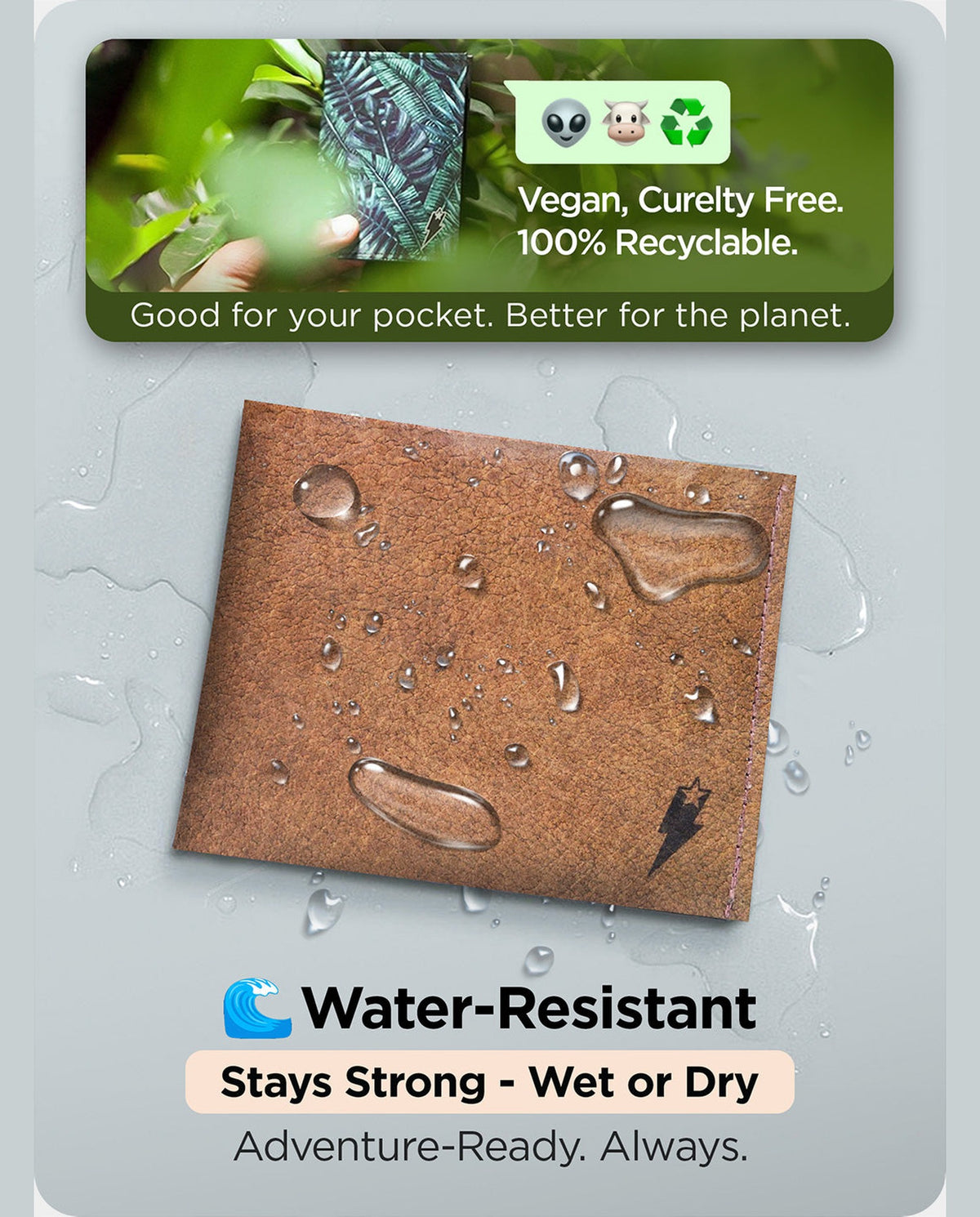 Supervek "If You Insist" print Tyvek wallet shown wet with water droplets, highlighting waterproof, vegan, and recyclable durability