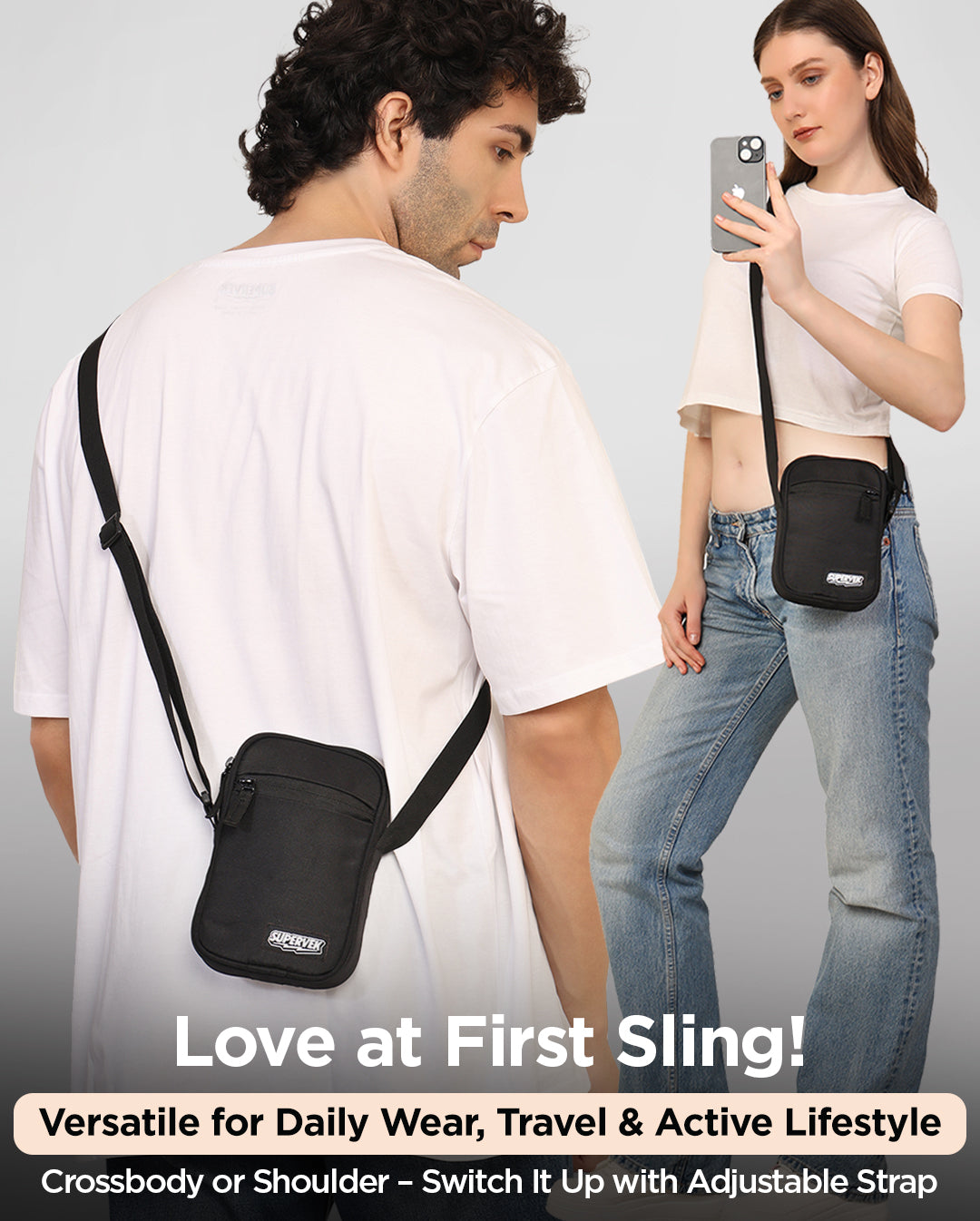 Supervek "Mini" Sling Bag worn by man and woman crossbody, black adjustable strap for versatile wear and unisex Sling bag Classic Black #color_Classic Black