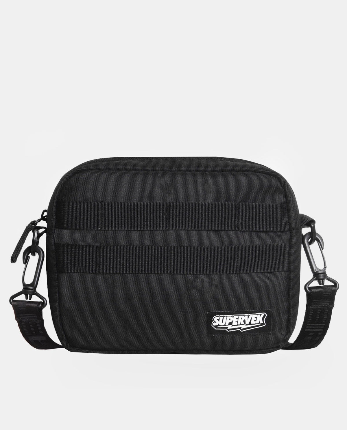 Front view of the black Messenger Sling Bag with two rows of MOLLE webbing, a white Supervek logo patch and detachable shoulder strap