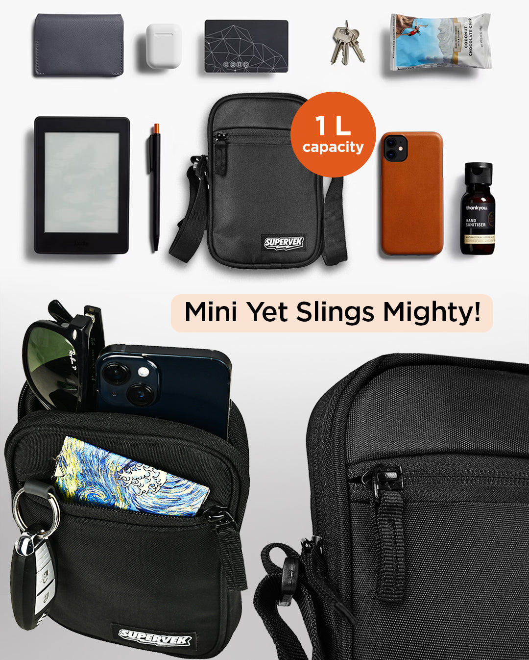 Supervek "Mini" Sling Bag, compact 1L capacity with laid-out essentials including phone, cards, Kindle and keys and unisex Sling bag for boys & girls Classic Black #color_Classic Black