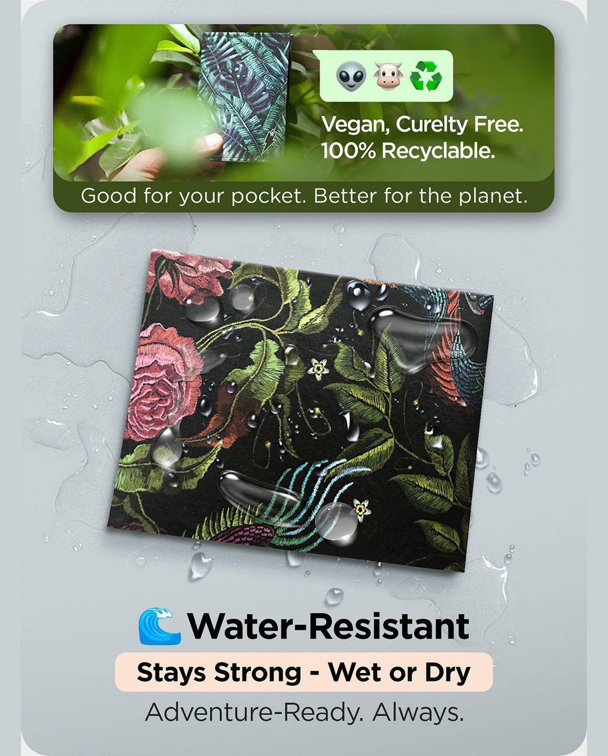 Supervek "Oriental Dragon" Tyvek wallet, black waterproof vegan billfold with floral pattern, water droplets on surface