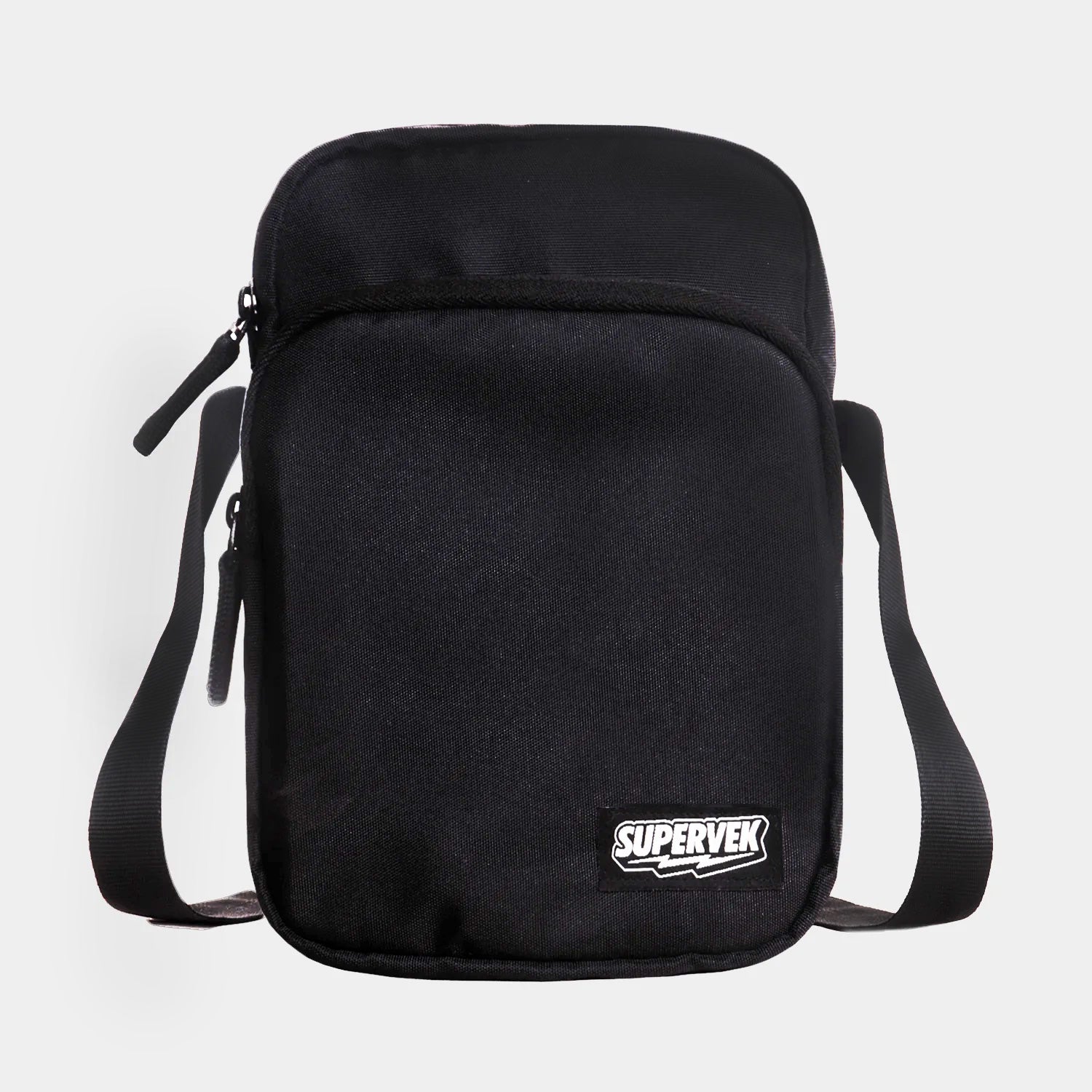Supervek black "Sling" bag, front view showing minimalist design with dual zippers and logo patch and Classic Black #color_Classic Black