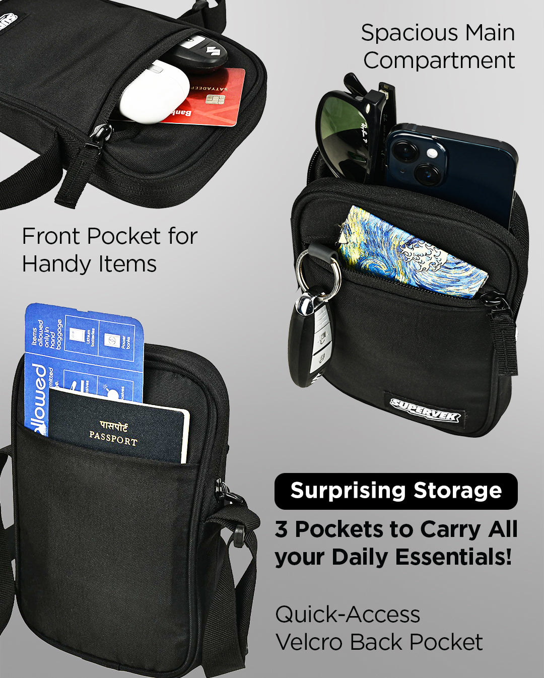 Supervek "Mini" Sling Bag with 3 compartments, including quick-access velcro pocket and spacious interior and unisex Sling bag for adult india Classic Black #color_Classic Black