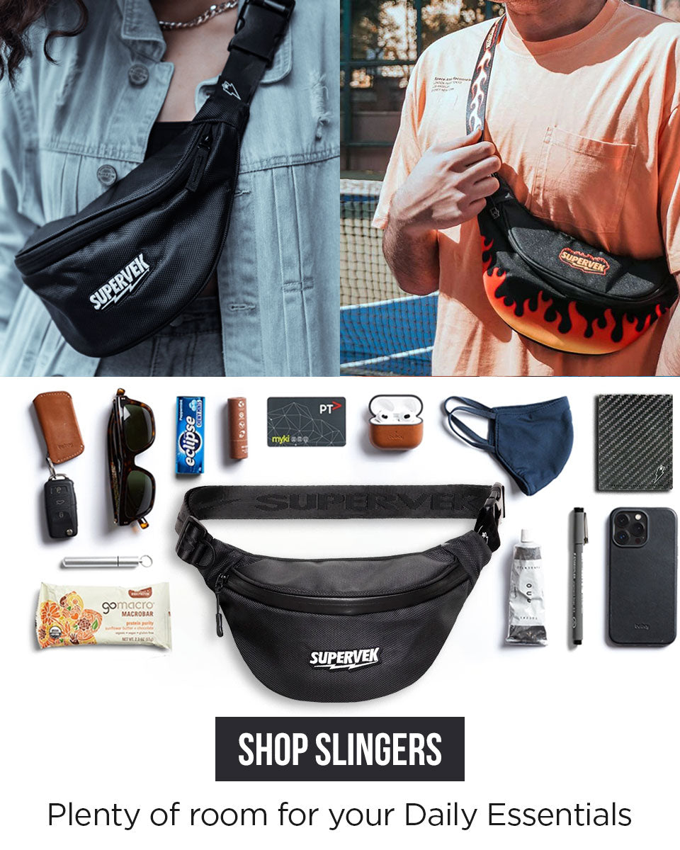 Person wearing a Supervek Carbon black water-resistant sling bag across the chest for urban commuting and travel - mobile.