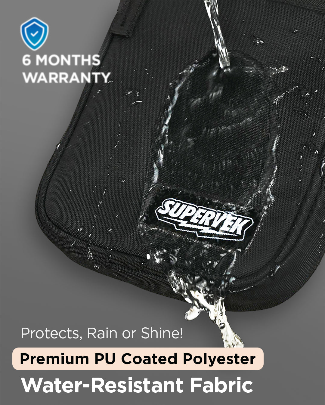 Supervek "Mini" Sling Bag with PU-coated water-resistant fabric, shown resisting splash for weatherproof use and Sling bag for men & women Classic Black #color_Classic Black