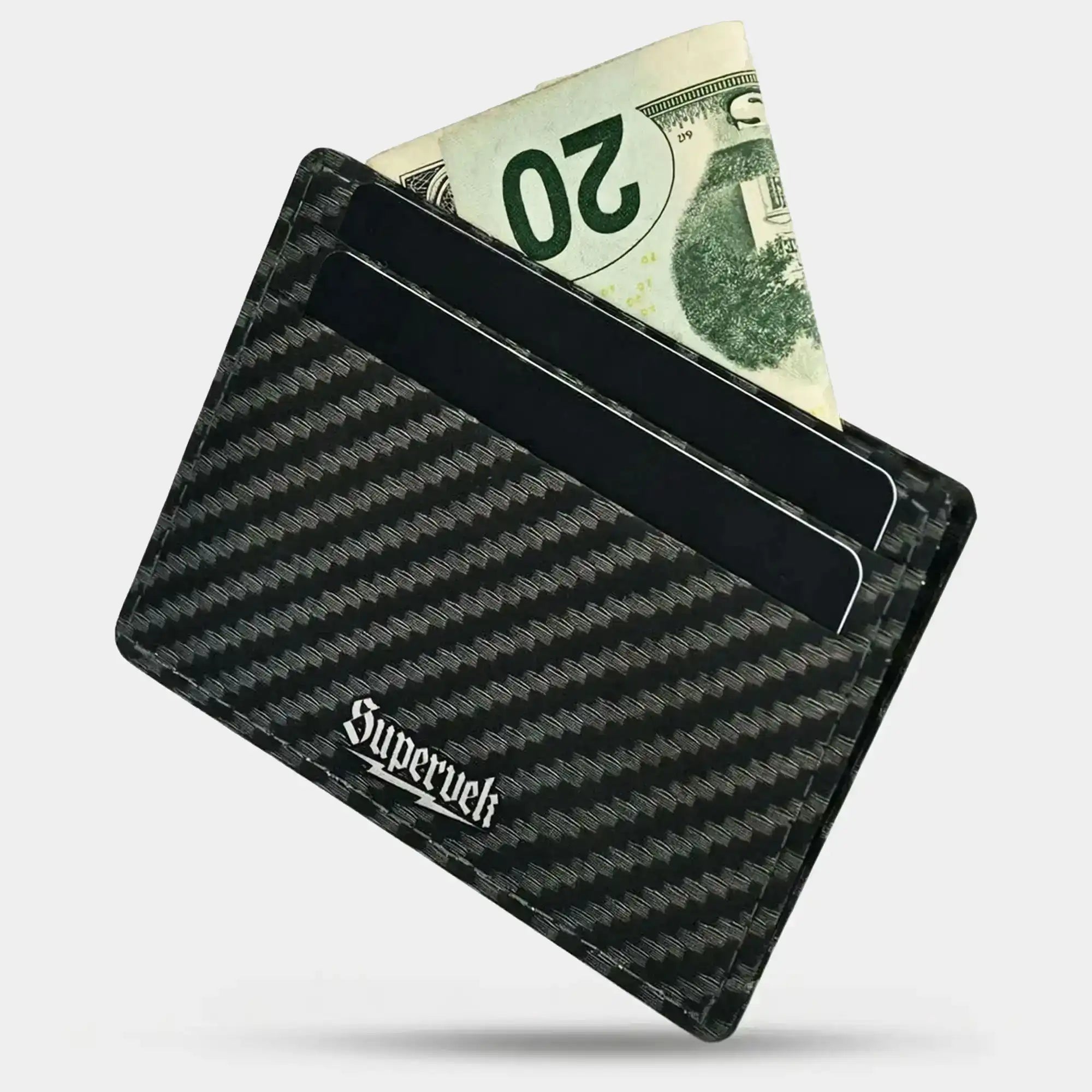 Carbon fiber patterned wallet with a card slot holding a $20 bill on a light gray background