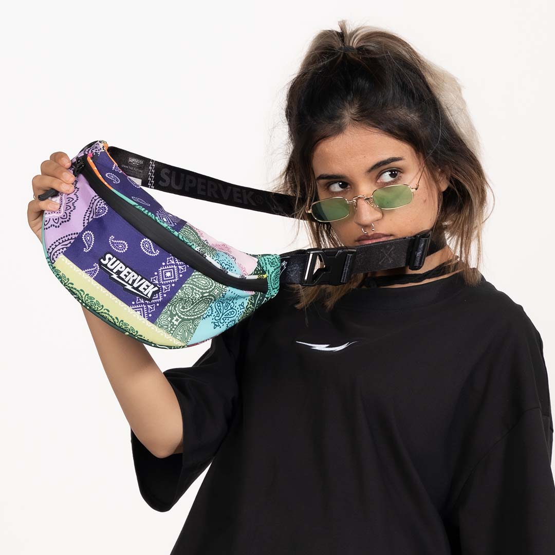 Supervek Crossbody Slinger - Patchwork Bandana - Urban Functional Fanny Hip Bag for Everyday Essentials - Lifestyle