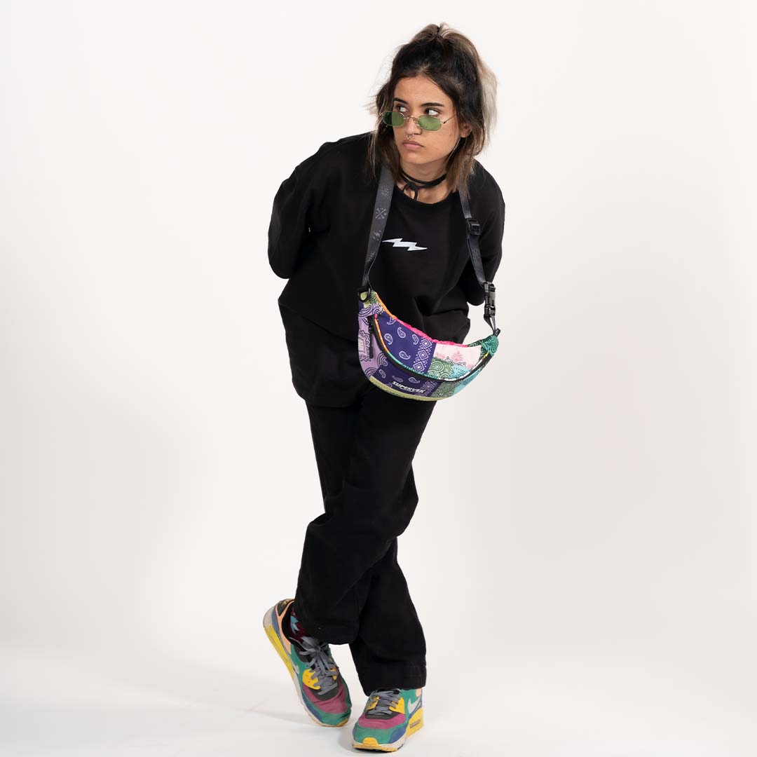 Supervek Crossbody Slinger - Patchwork Bandana - Urban Functional Fanny Hip Bag for Everyday Essentials - Lifestyle shot
