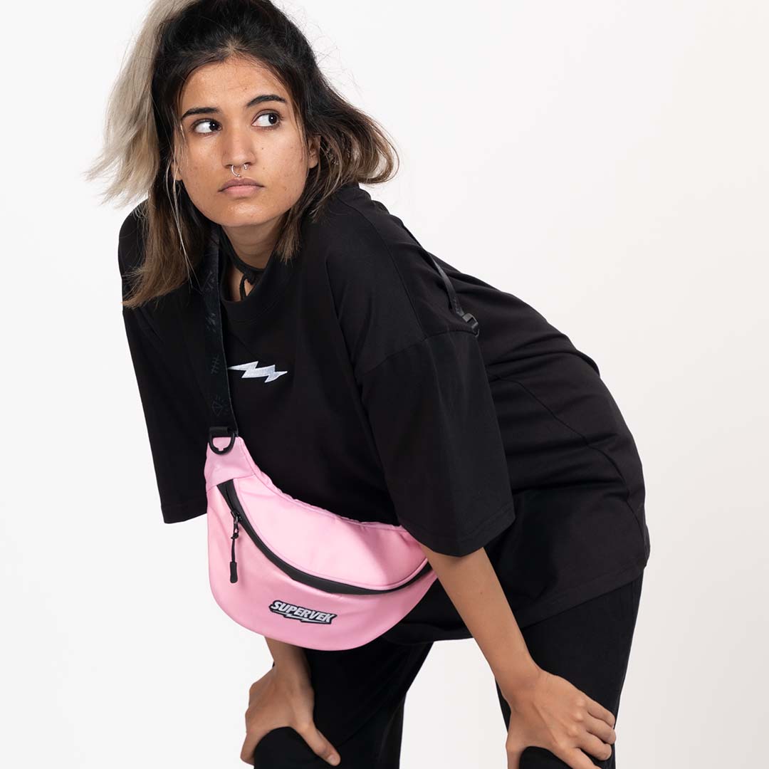 Supervek Crossbody Slinger - Candycrush Pink - Urban Functional Fanny Hip Bag for Everyday Essentials - Lifestyle Shot