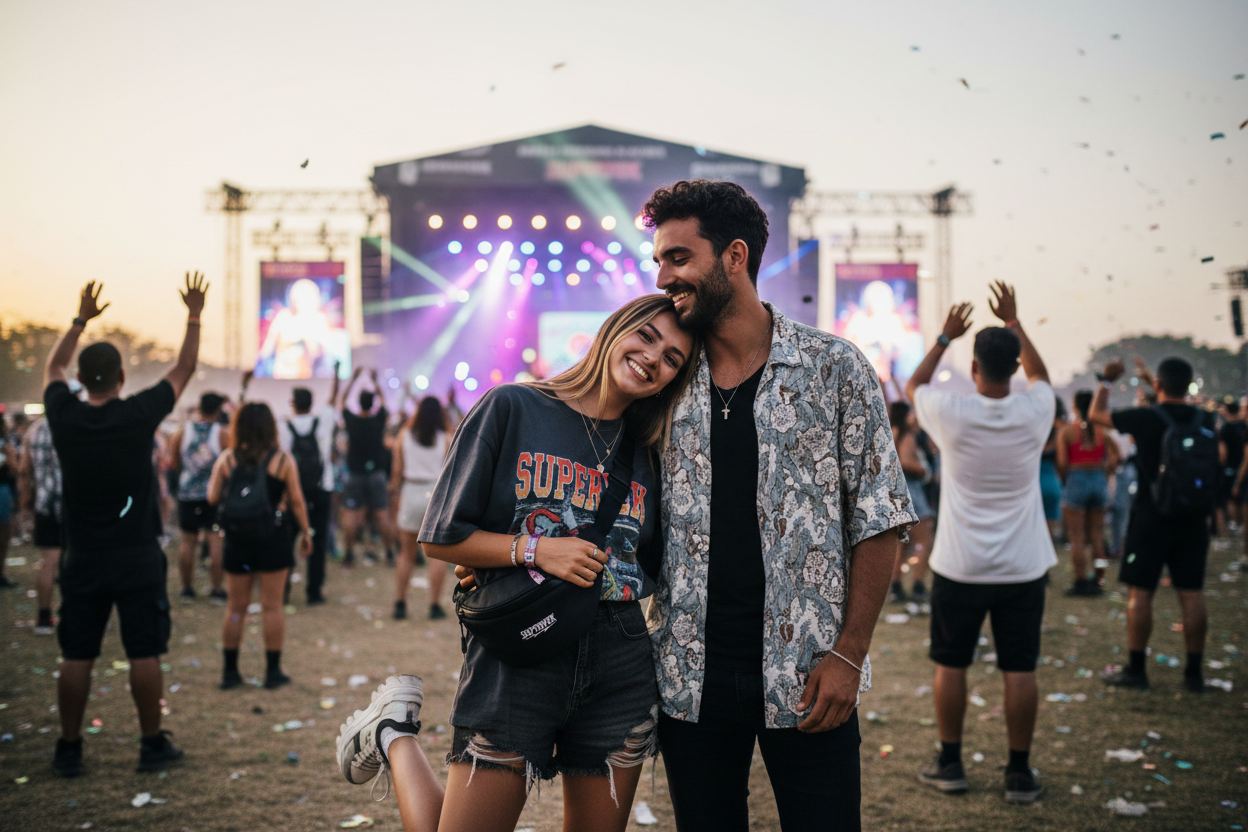 Festival goer wearing crossbody sling bag at outdoor music concert