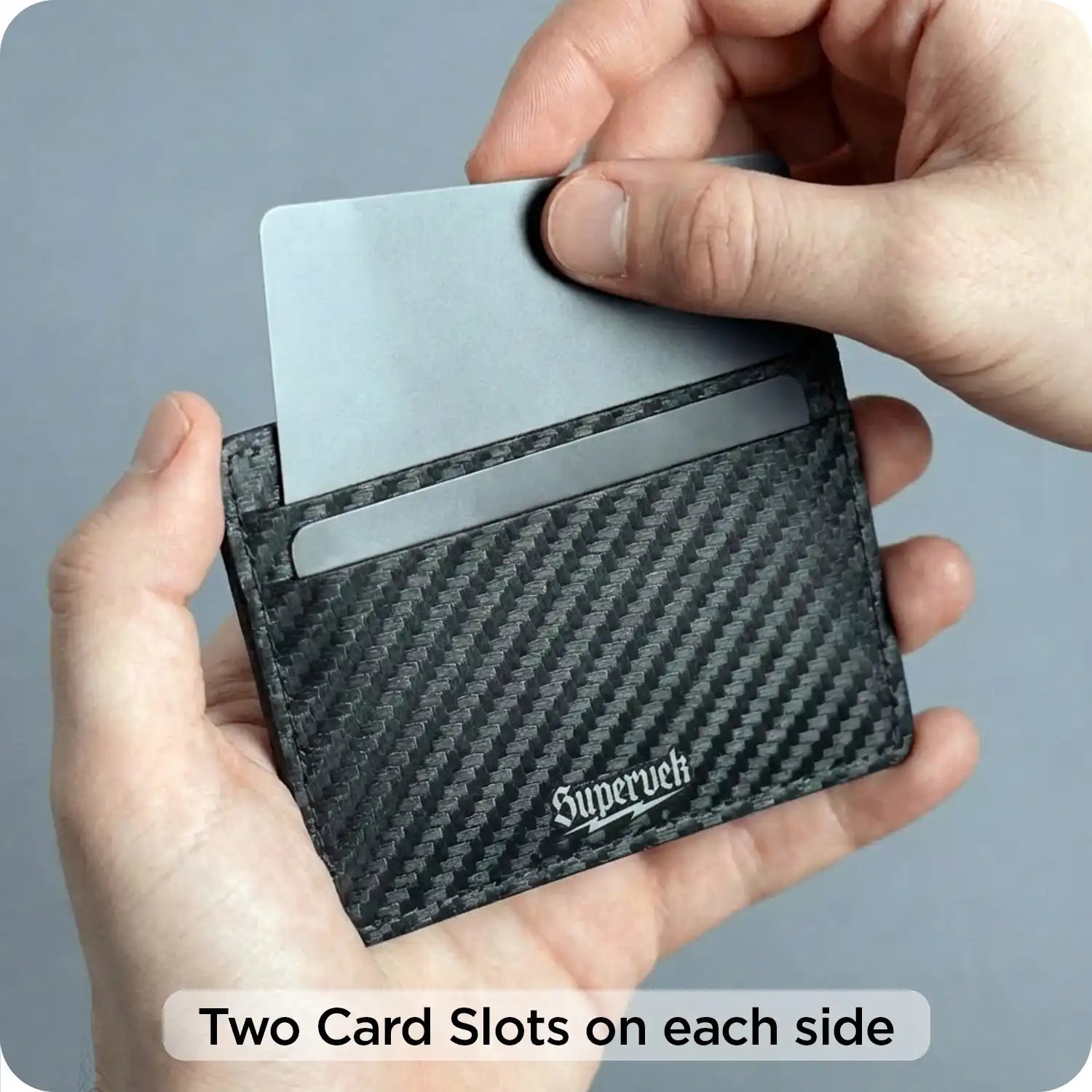 Carbon fiber patterned cardholder with 'Supervect' branding, held by hands against a gray background.
