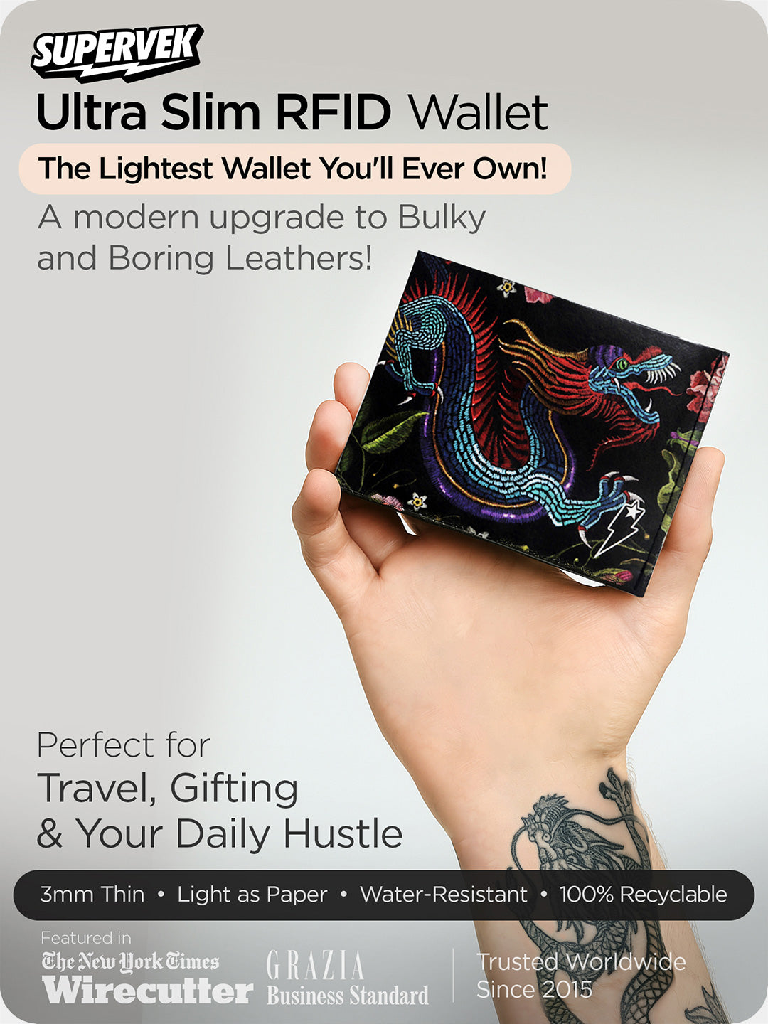 Supervek Tyvek wallet with "Oriental Dragon" artwork, slim RFID-blocking black billfold, lifestyle display with product highlights