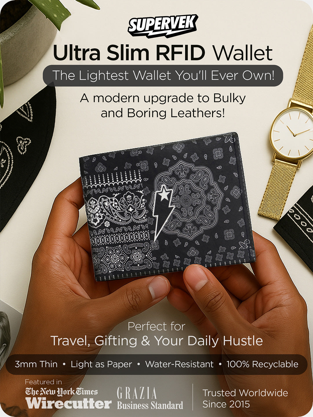 Supervek ultra-slim RFID Tyvek wallet with black "Bandana" design shown next to gold watch and bandana, ideal for gifting and travel
