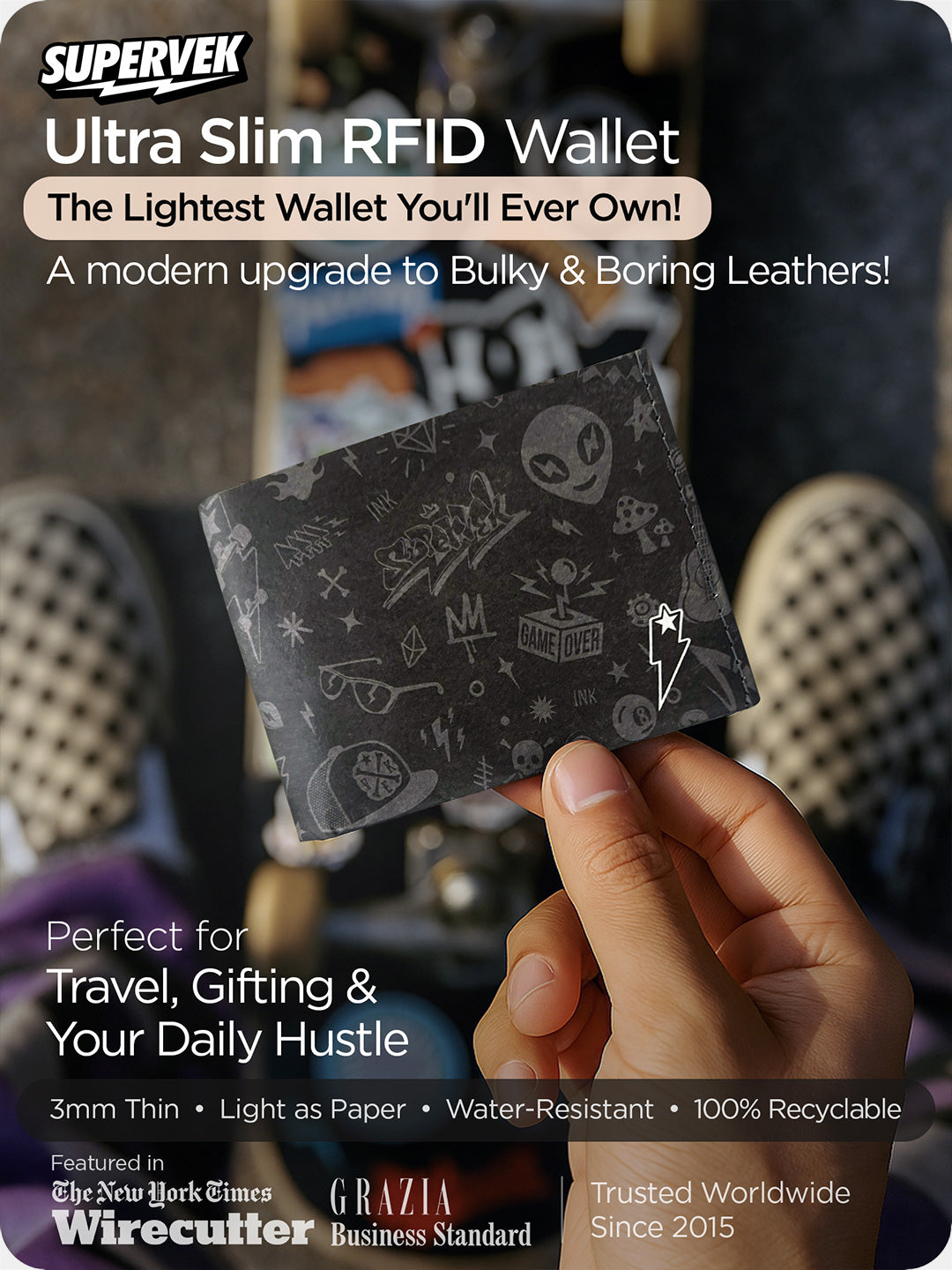 Supervek Tyvek wallet with "OG Culture" design, black ultra-slim vegan billfold held in hand, RFID-protected