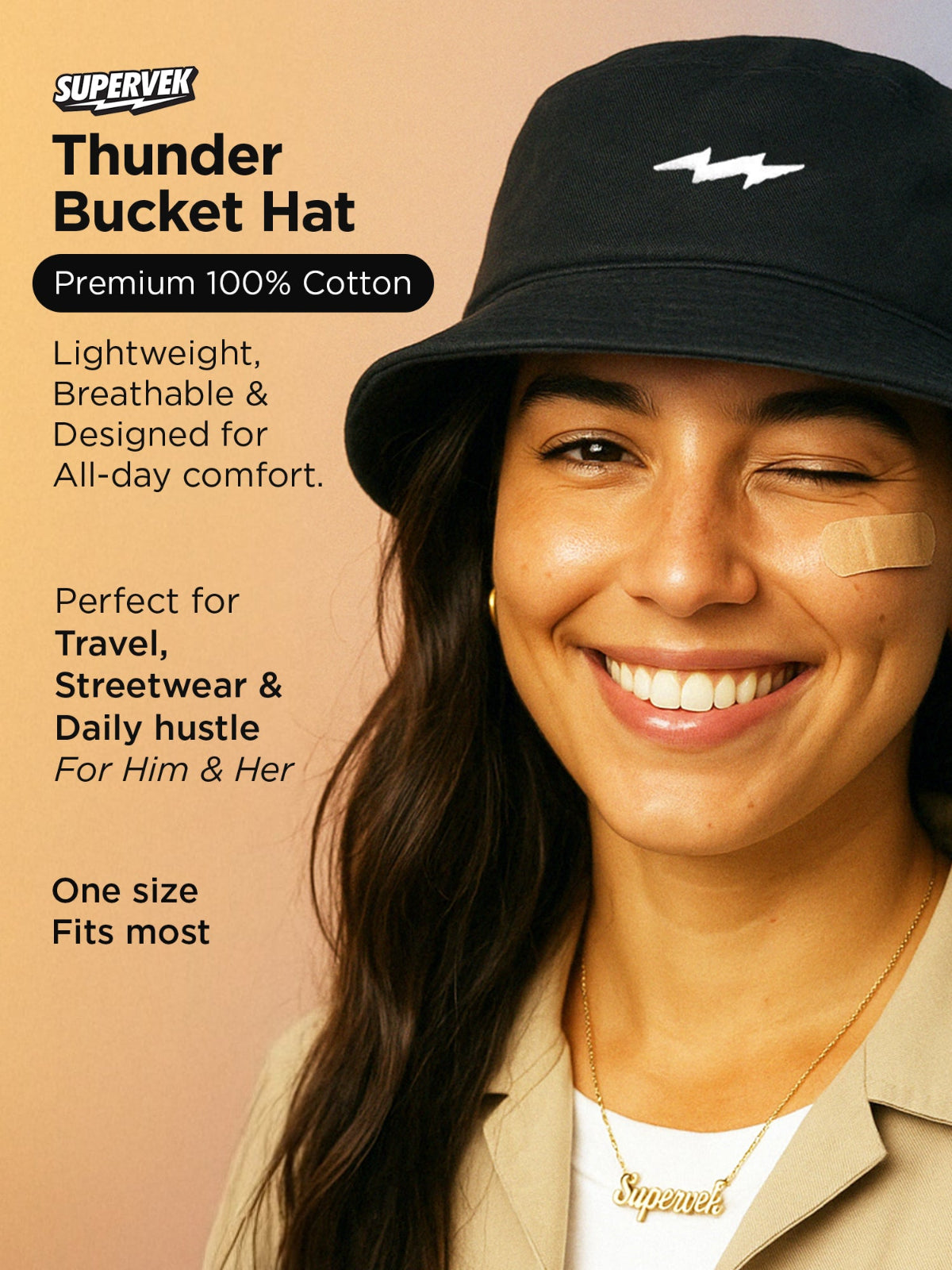 Person wearing a black bucket hat with promotional text.