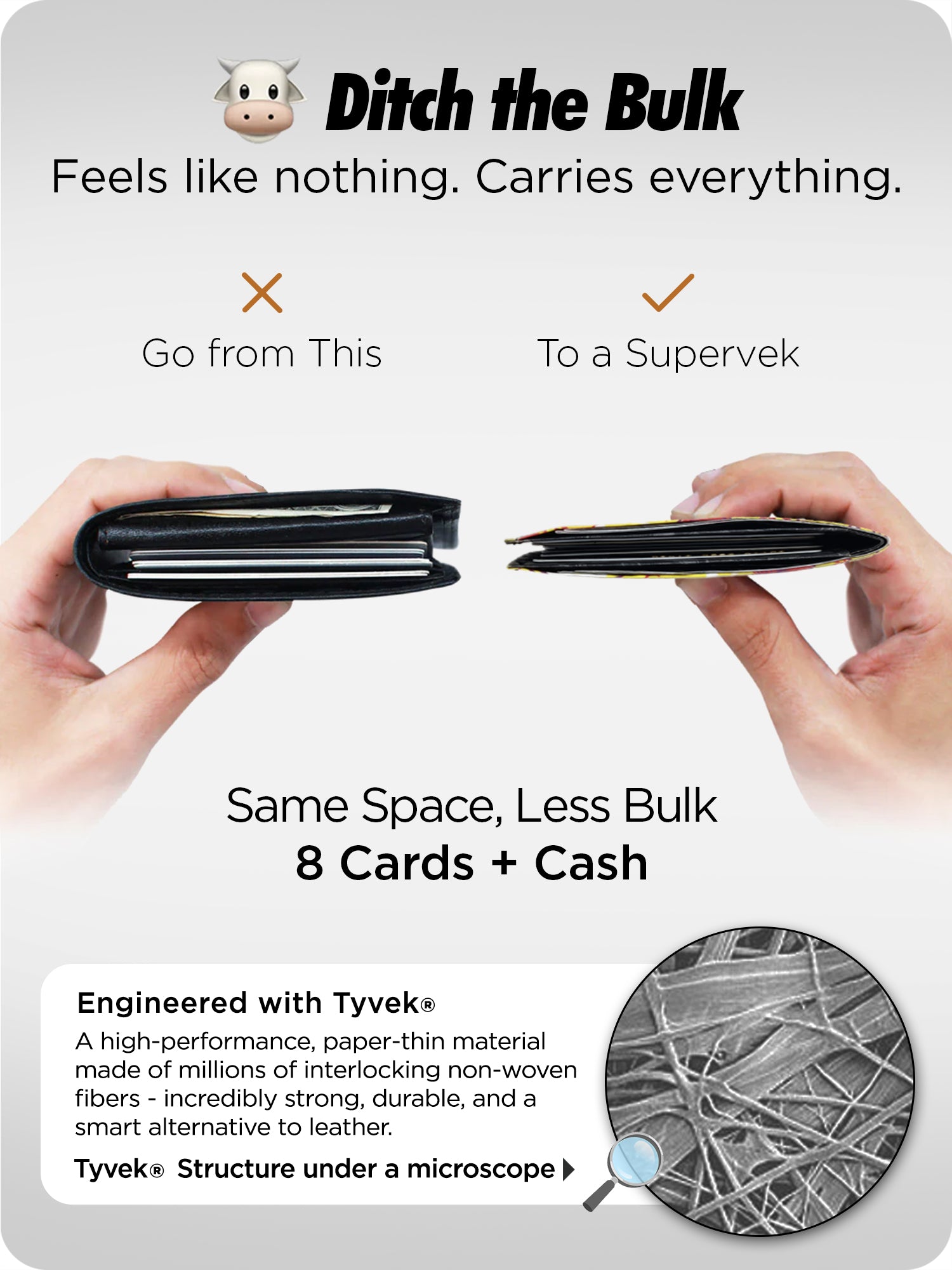 "Great Wave" wallet compared to traditional bulky wallet, showing Tyvek material's strength under microscope