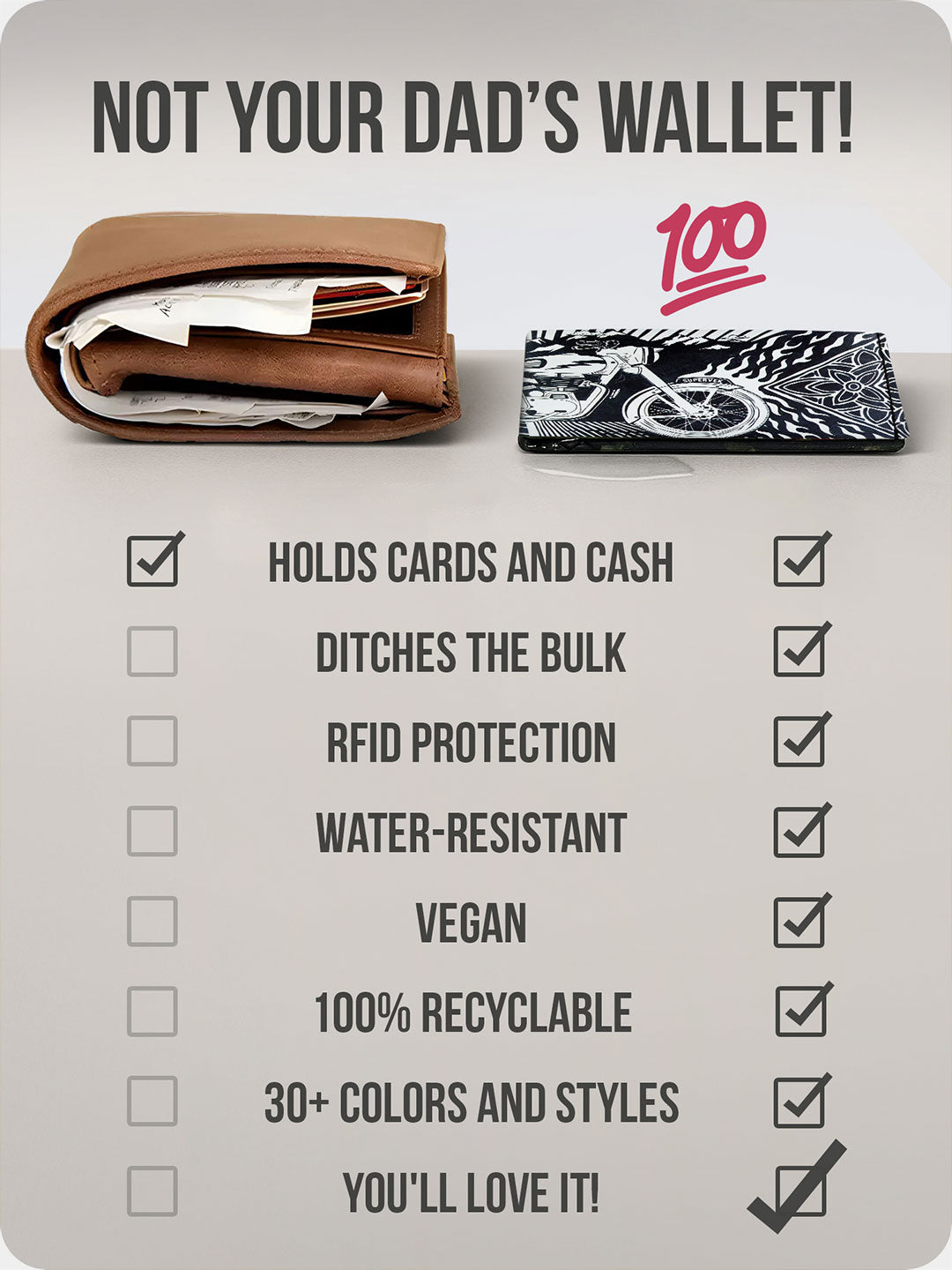 Supervek "Royal Blaze" Tyvek wallet beside bulky leather wallet, slim black vegan billfold with Royal Blaze  artwork comparison shot
