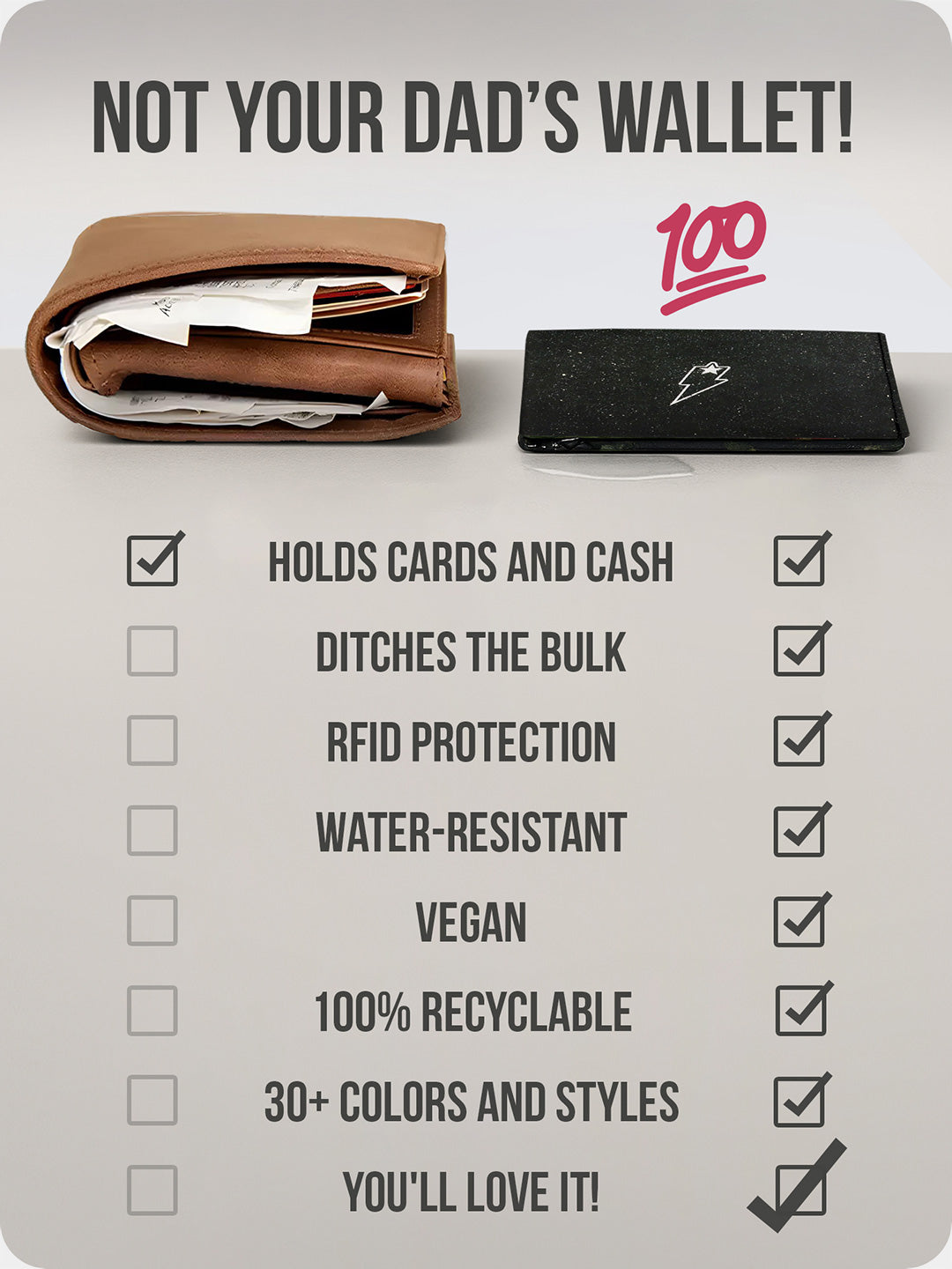 Comparison image of bulky leather wallet vs slim Supervek "Space Out" wallet, showcasing minimalist design and lightweight build