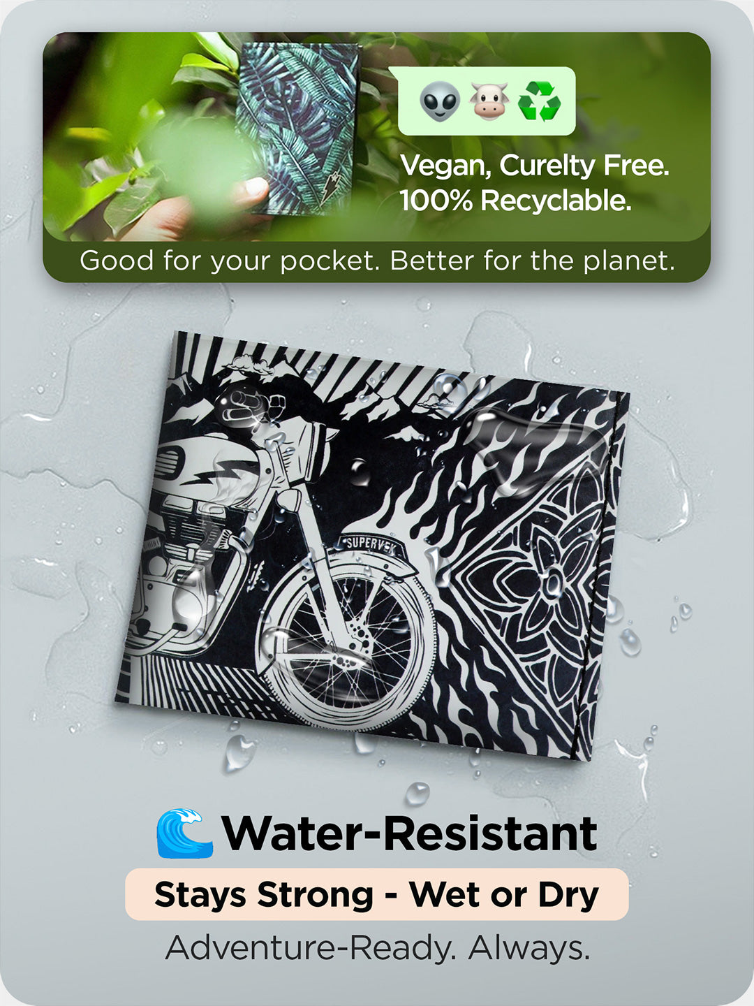 Supervek Tyvek wallet with "Royal Blaze" graphic, black waterproof vegan billfold shown with water droplets on surface