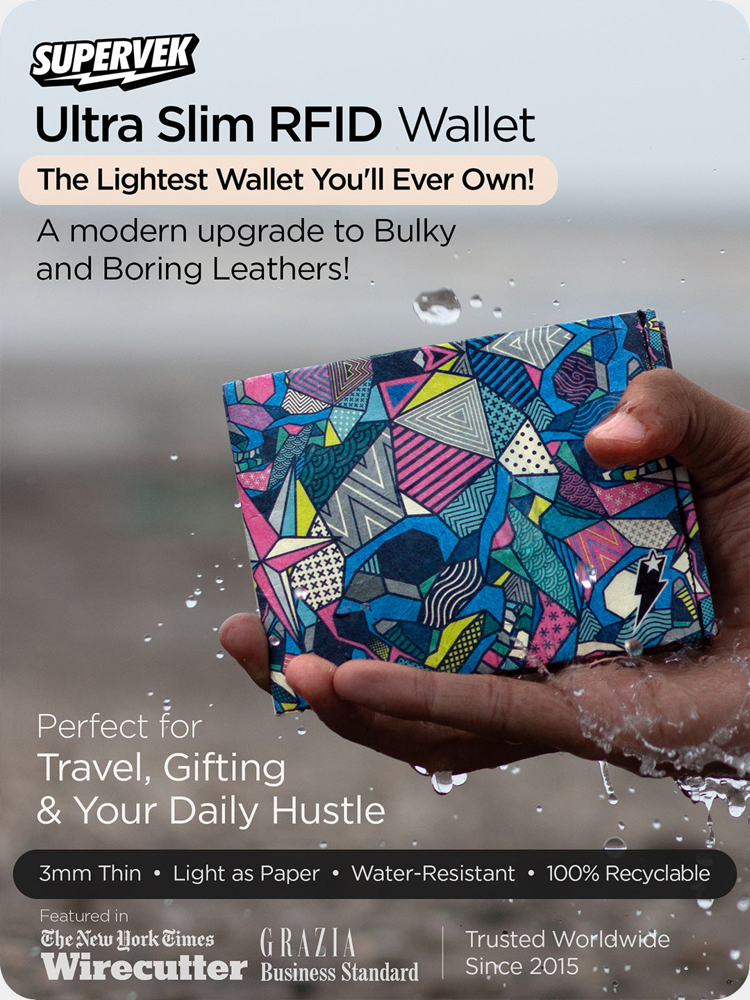 Supervek "Alter Ego"Tyvek wallet, ultra slim RFID blocking vegan billfold with bold geometric pattern
