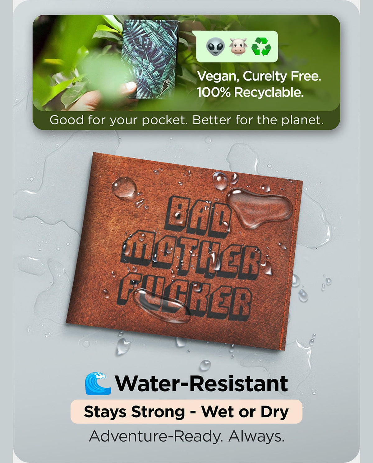 Supervek "Bad Mofo" print Tyvek wallet shown wet with water droplets, highlighting waterproof, vegan, and recyclable durability
