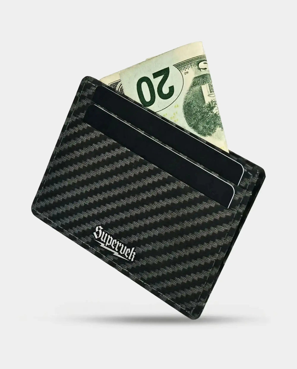 Carbon fiber patterned wallet with a card slot holding a $20 bill on a light gray background