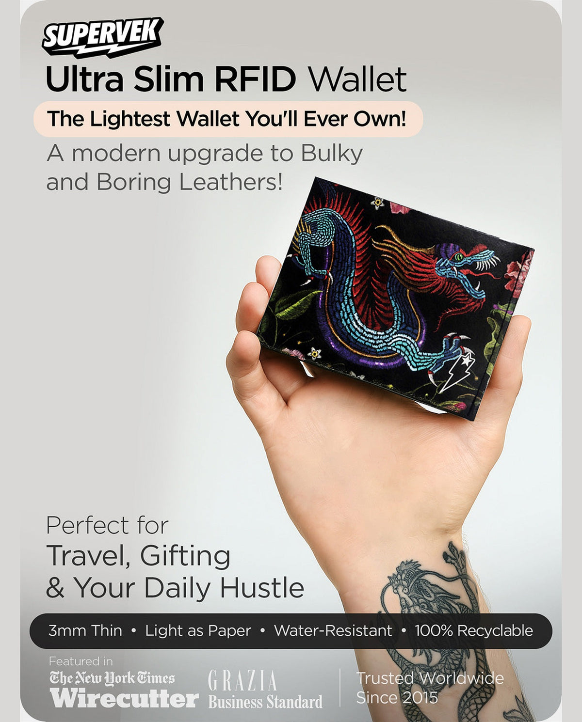 Supervek Tyvek wallet with "Oriental Dragon" artwork, slim RFID-blocking black billfold, lifestyle display with product highlights